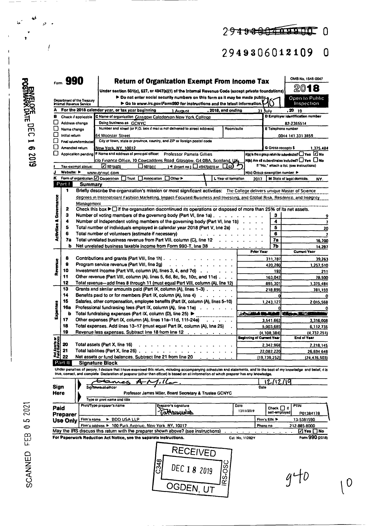 Image of first page of 2018 Form 990 for Glasgow Caledonian New York College (GCNYC)