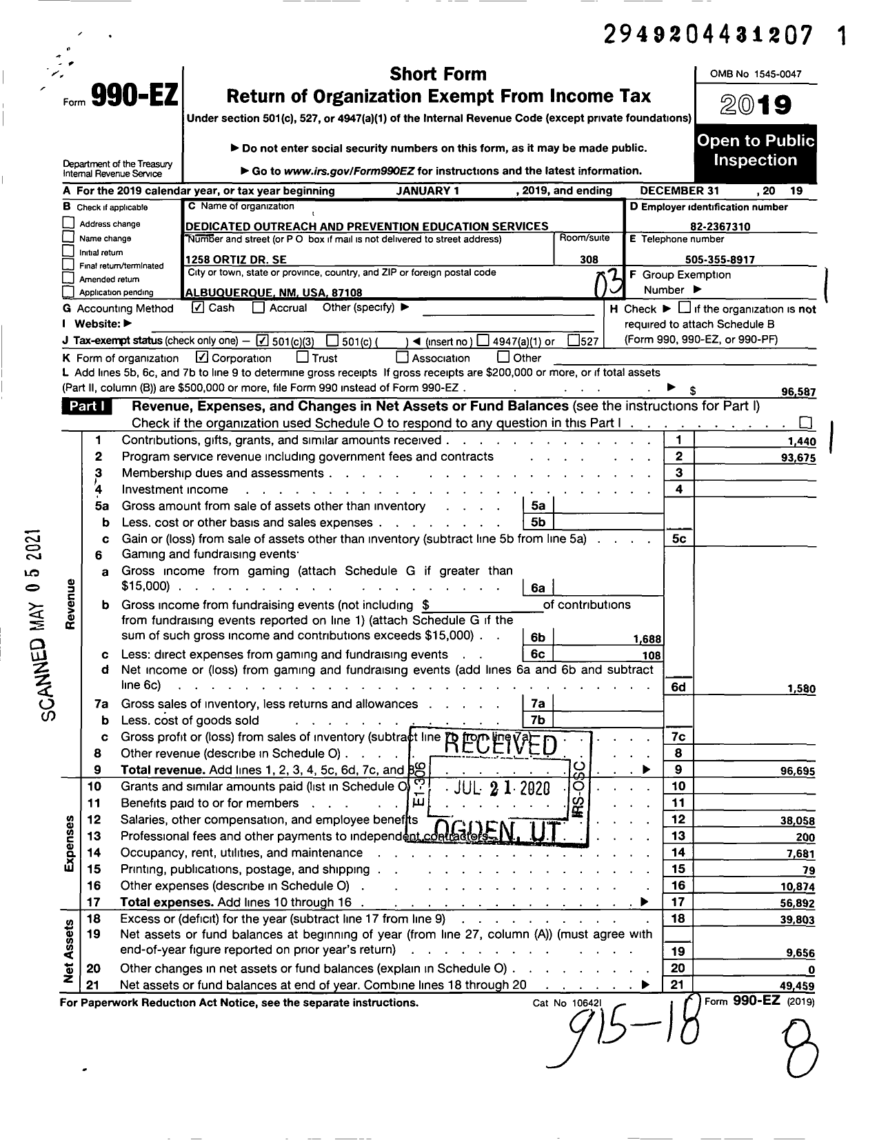 Image of first page of 2019 Form 990EZ for Dedicated Outreach and Prevention Education Services