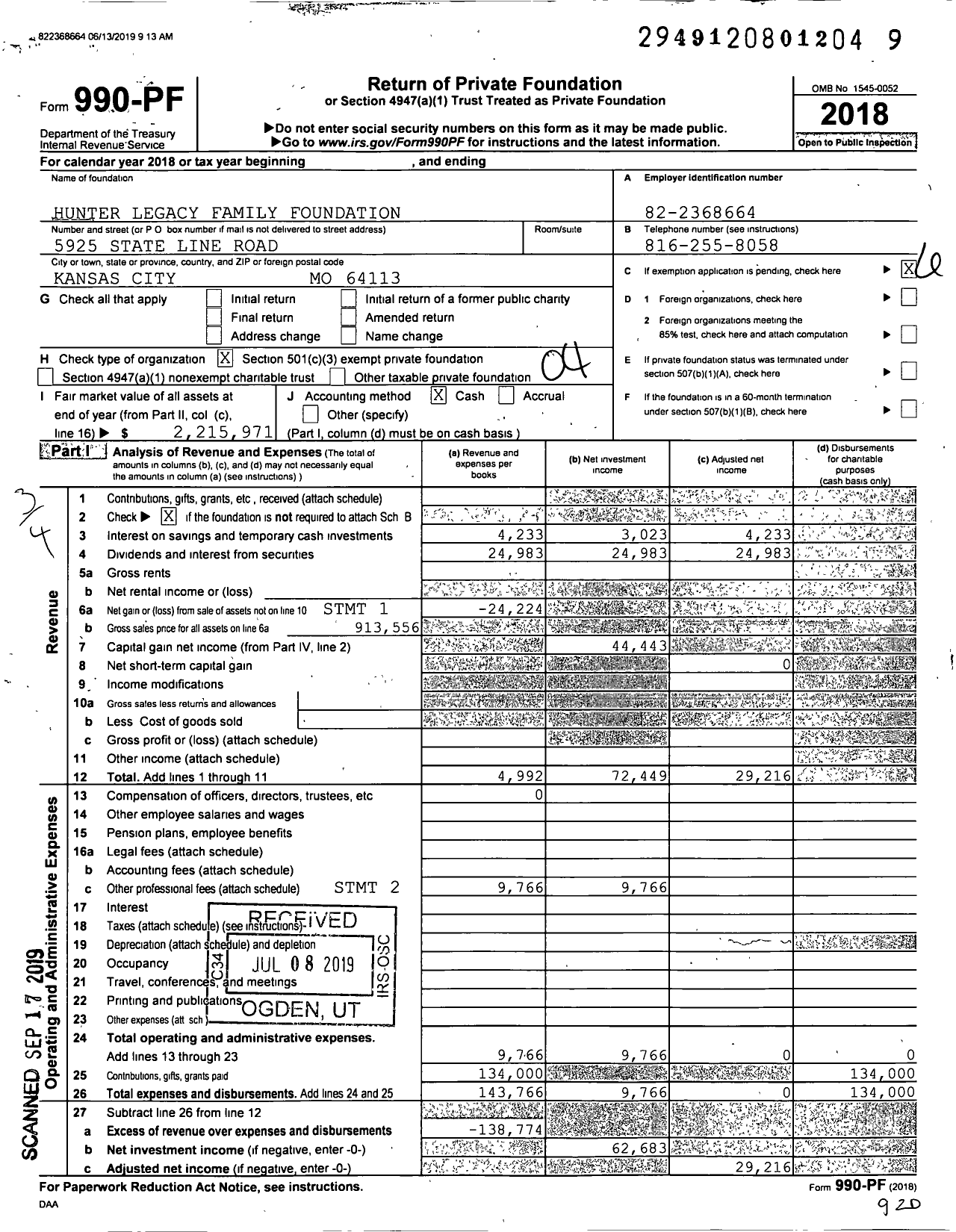 Image of first page of 2018 Form 990PF for Hunter Legacy Family Foundation