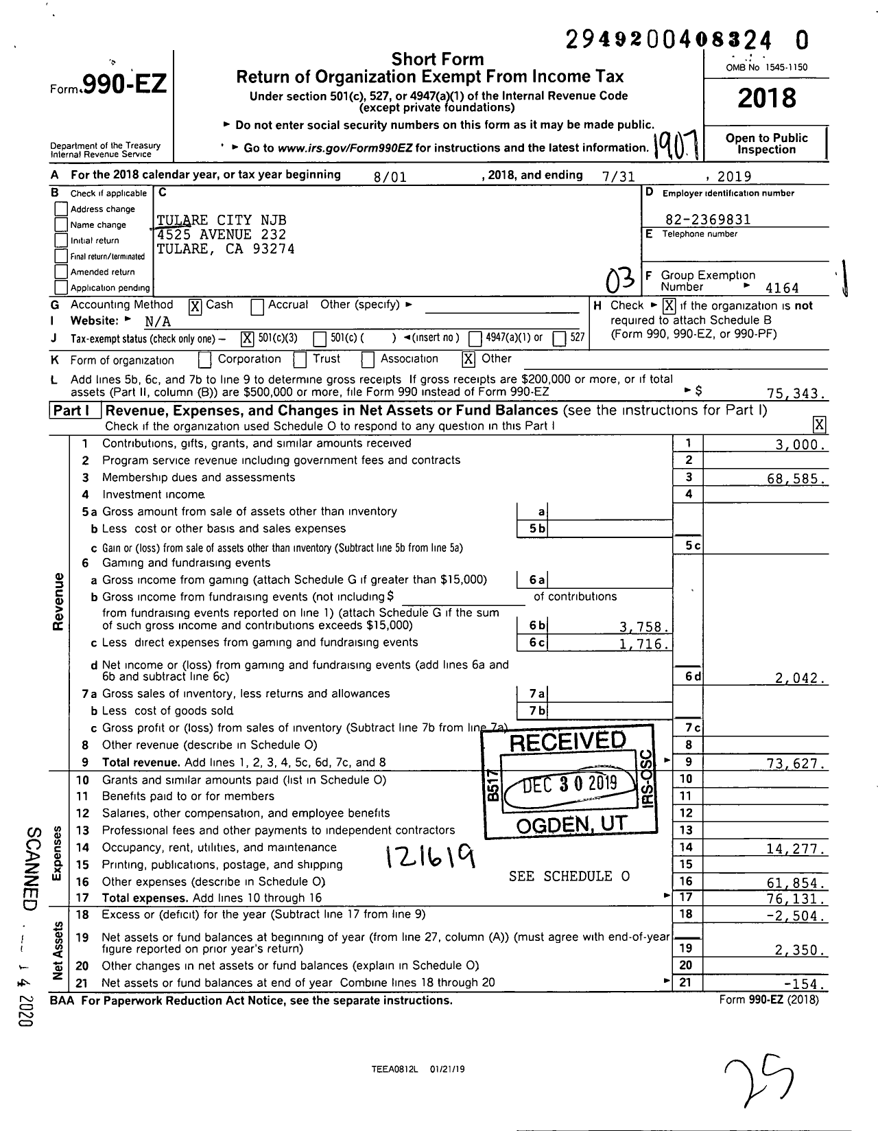 Image of first page of 2018 Form 990EZ for Tulare City NJB