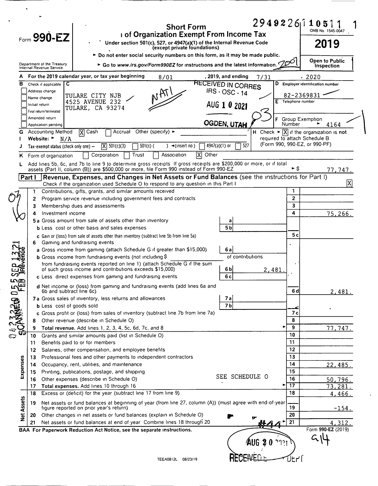 Image of first page of 2019 Form 990EZ for Tulare City NJB