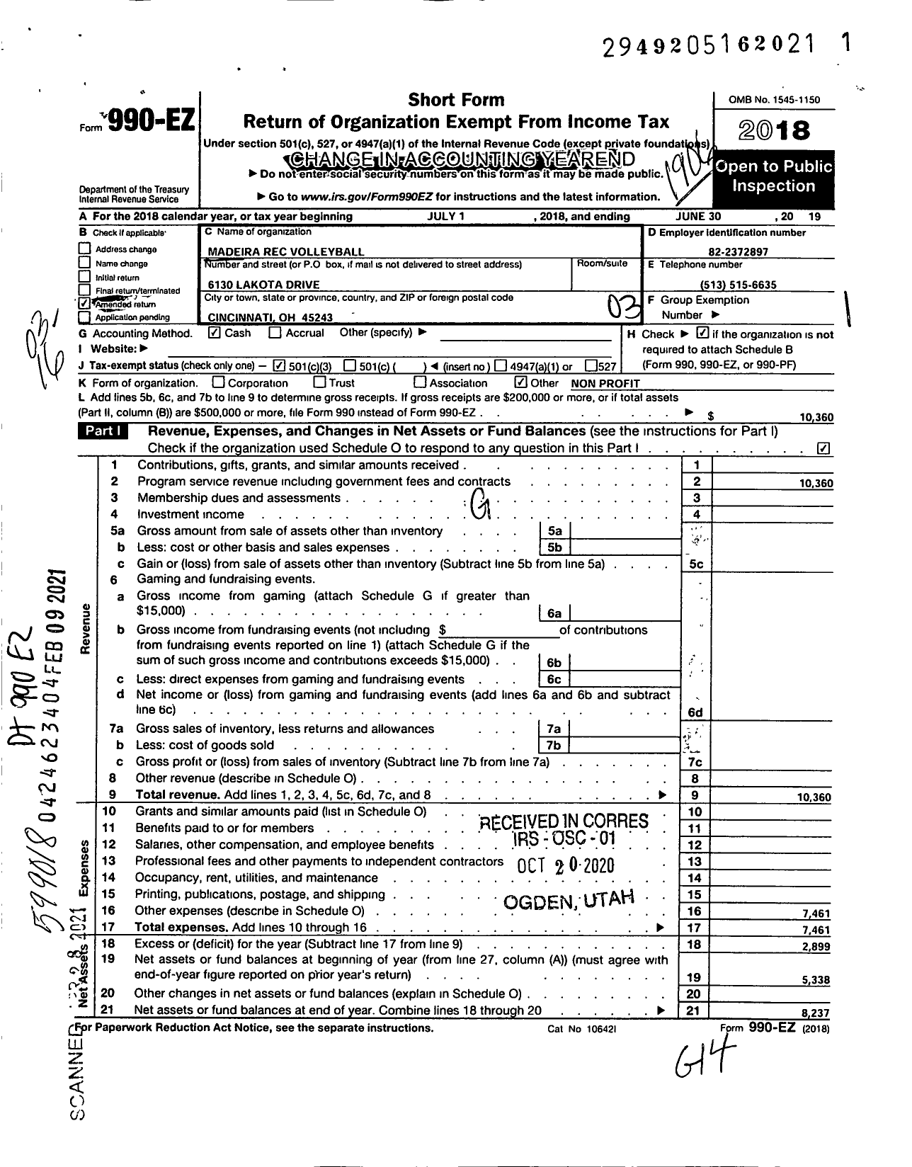 Image of first page of 2018 Form 990EZ for Madeira Rec Volleyball