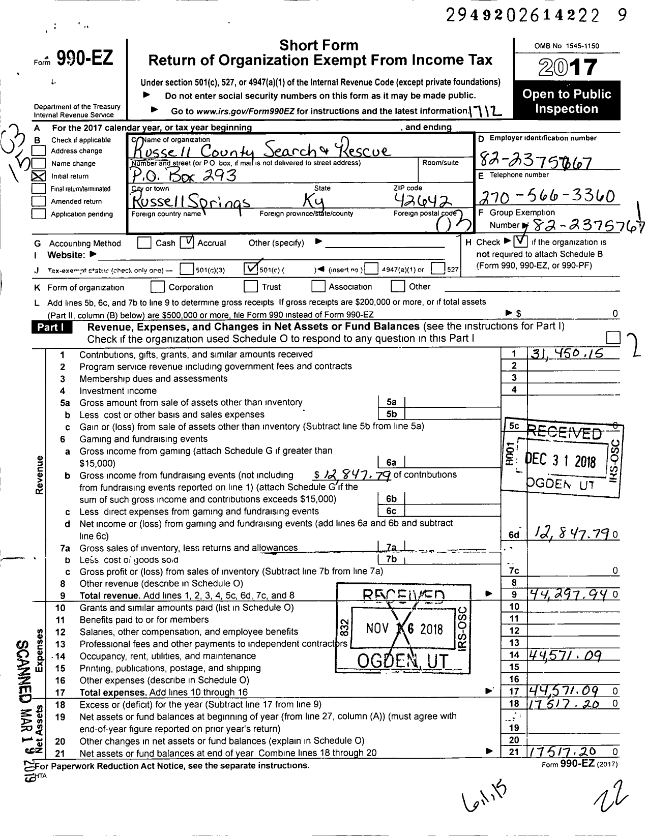 Image of first page of 2017 Form 990EZ for Russell County Search and Rescue