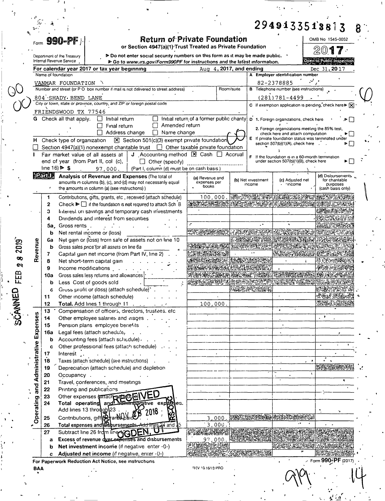 Image of first page of 2017 Form 990PF for Vanmar Foundation