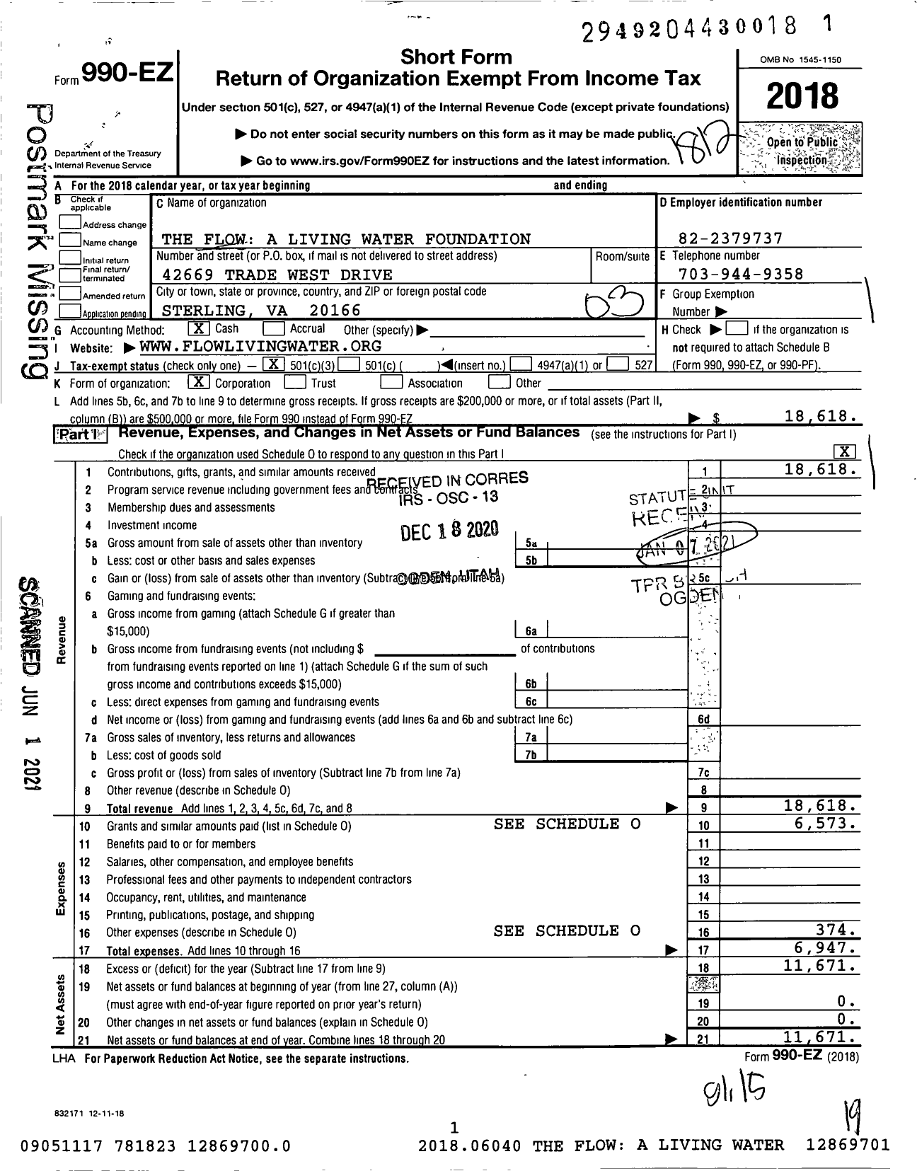 Image of first page of 2018 Form 990EZ for The Flow A Living Water Foundation