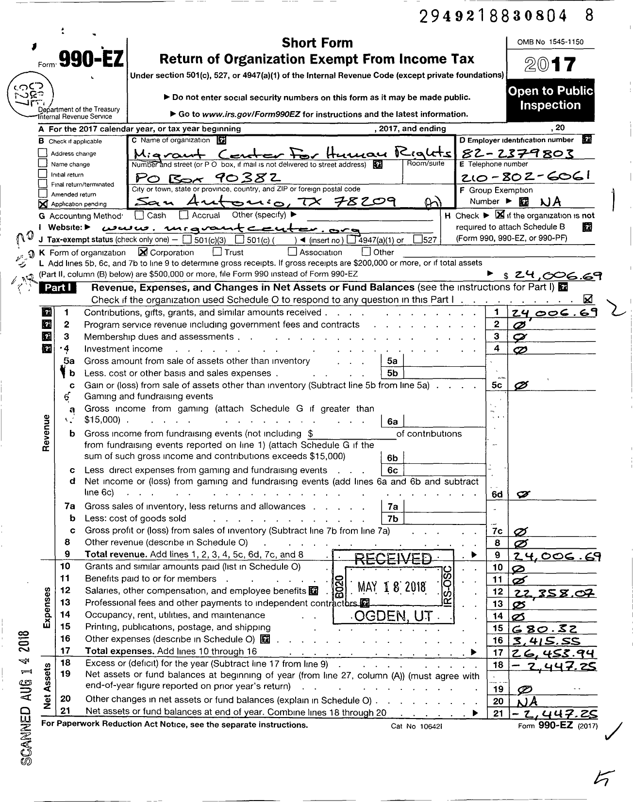 Image of first page of 2017 Form 990EO for Migrant Center for Human Rights