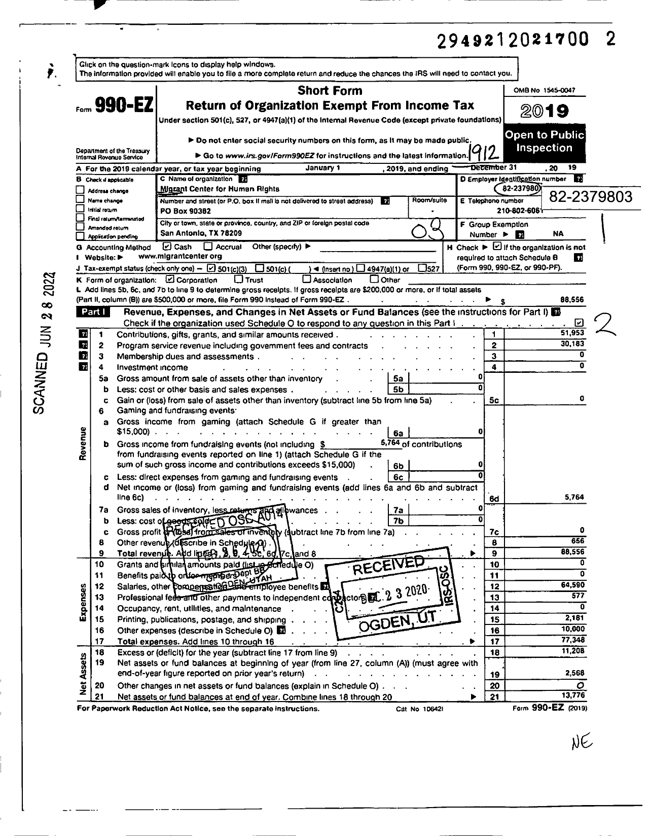 Image of first page of 2019 Form 990EZ for Migrant Center for Human Rights