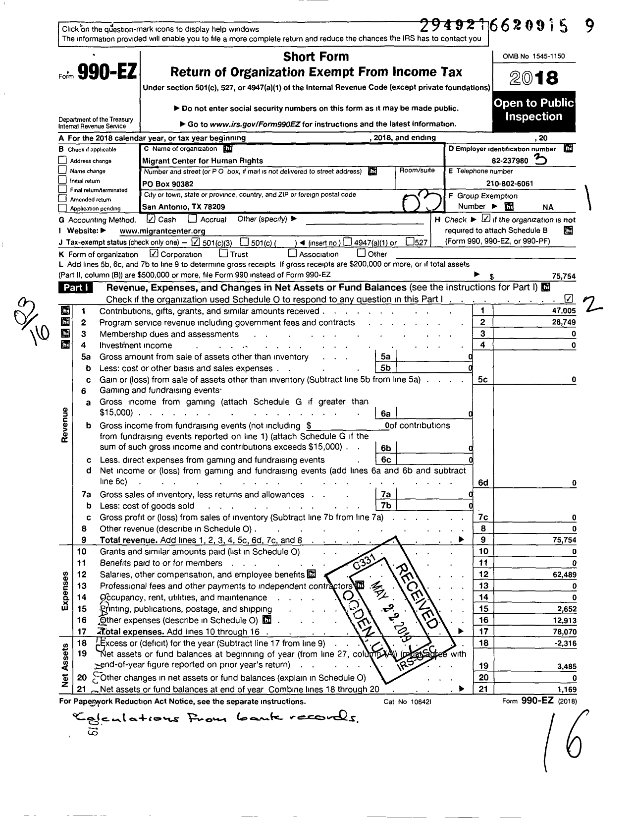 Image of first page of 2018 Form 990EZ for Migrant Center for Human Rights