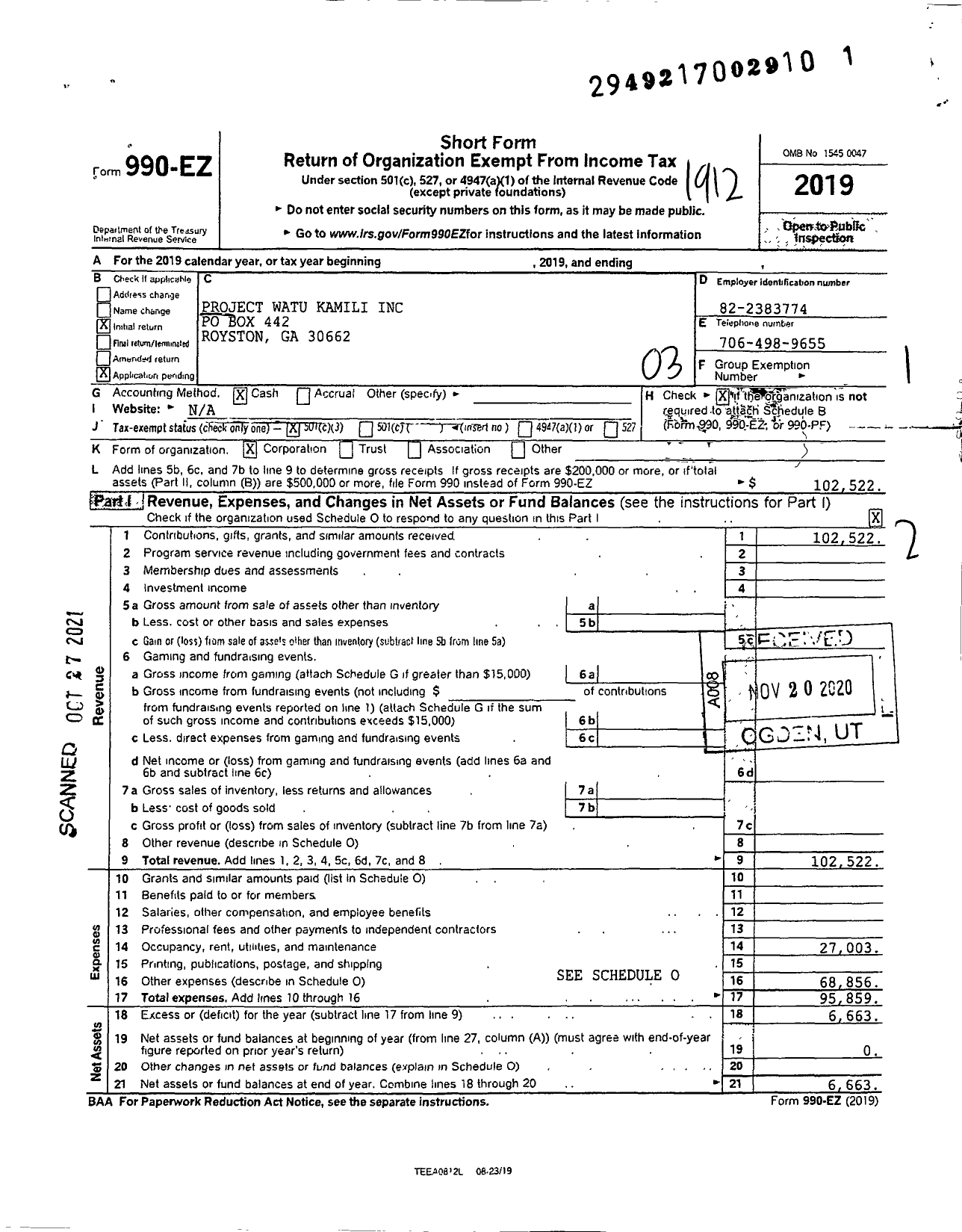 Image of first page of 2019 Form 990EZ for Project Watu Kamili