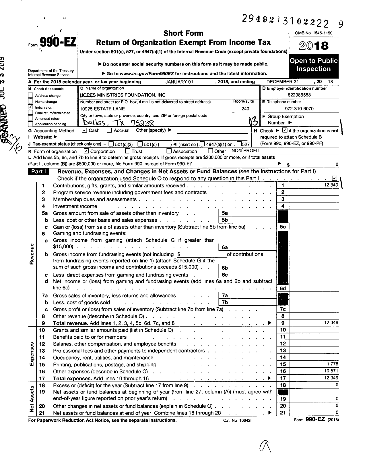 Image of first page of 2018 Form 990EZ for Hopes Ministries Foundation