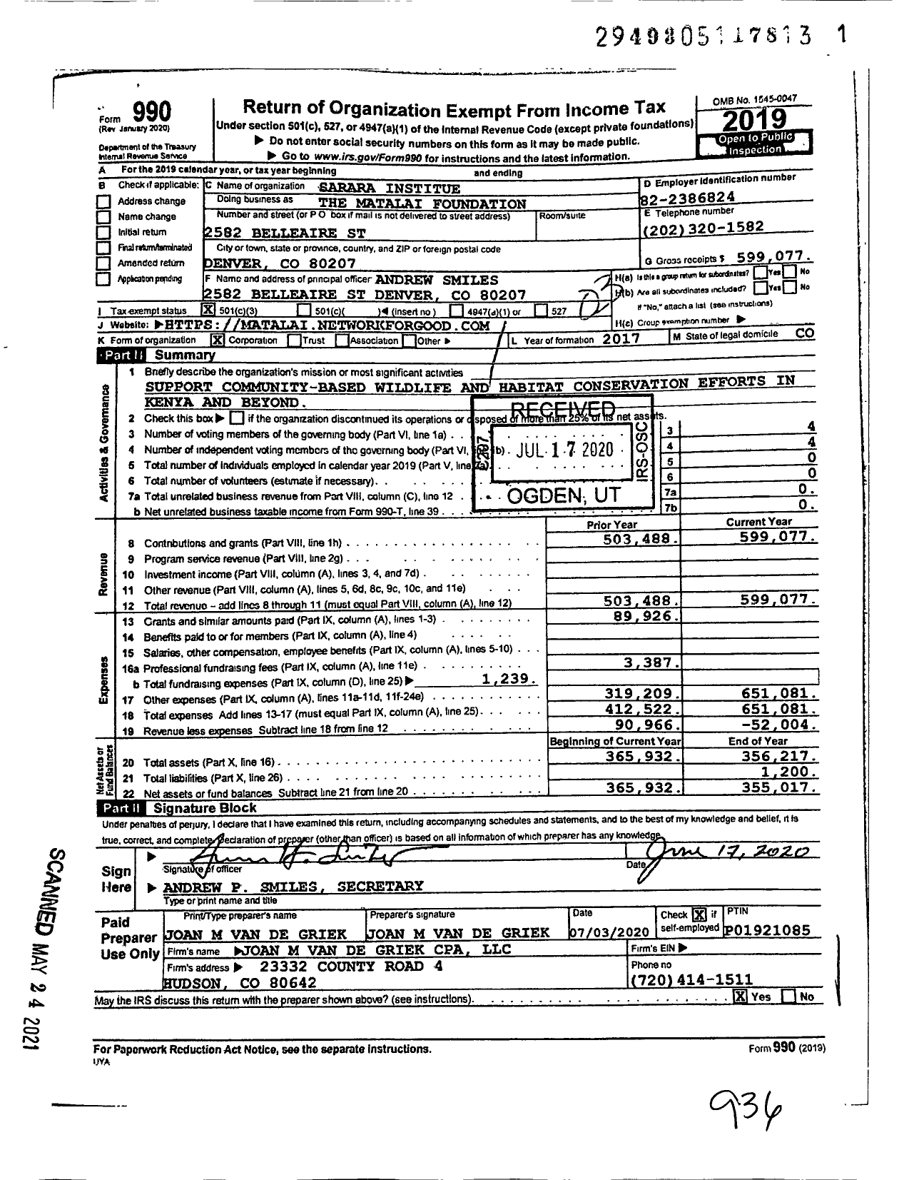 Image of first page of 2019 Form 990 for Sarara Institute Sarara Foundation