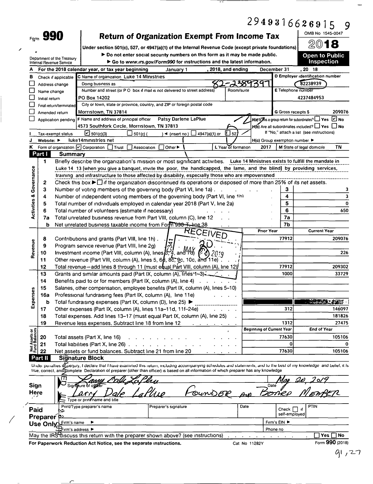 Image of first page of 2018 Form 990 for Luke 14 Ministries