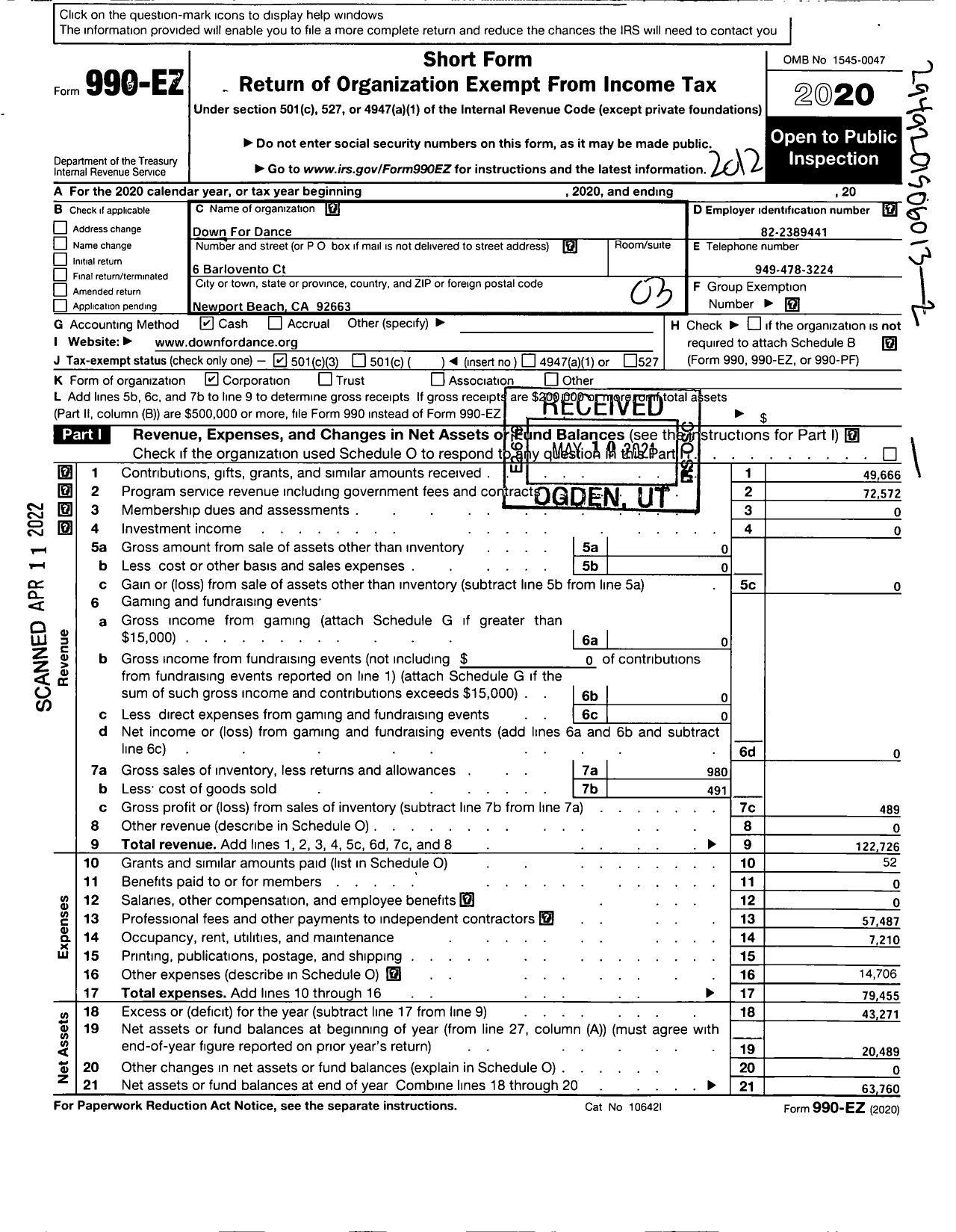 Image of first page of 2020 Form 990EZ for Down for Dance