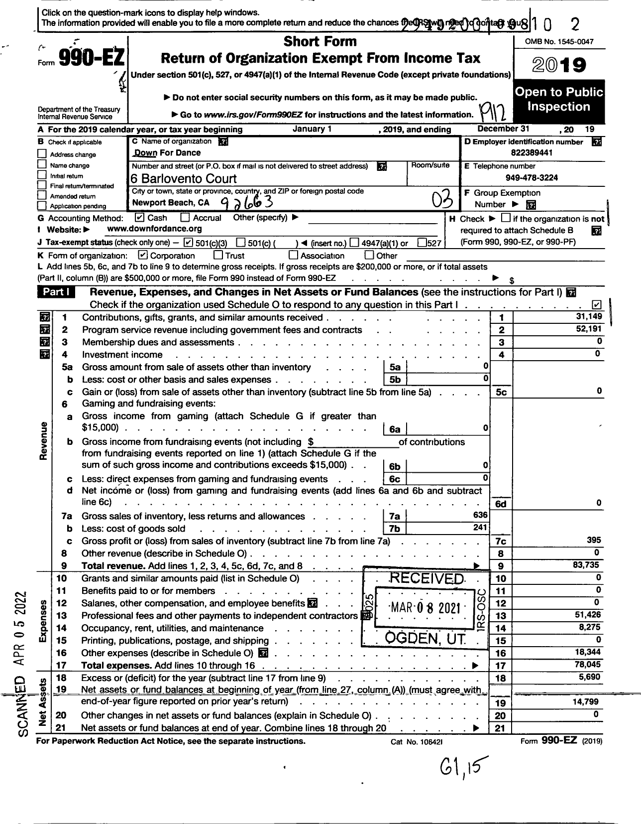 Image of first page of 2019 Form 990EZ for Down for Dance