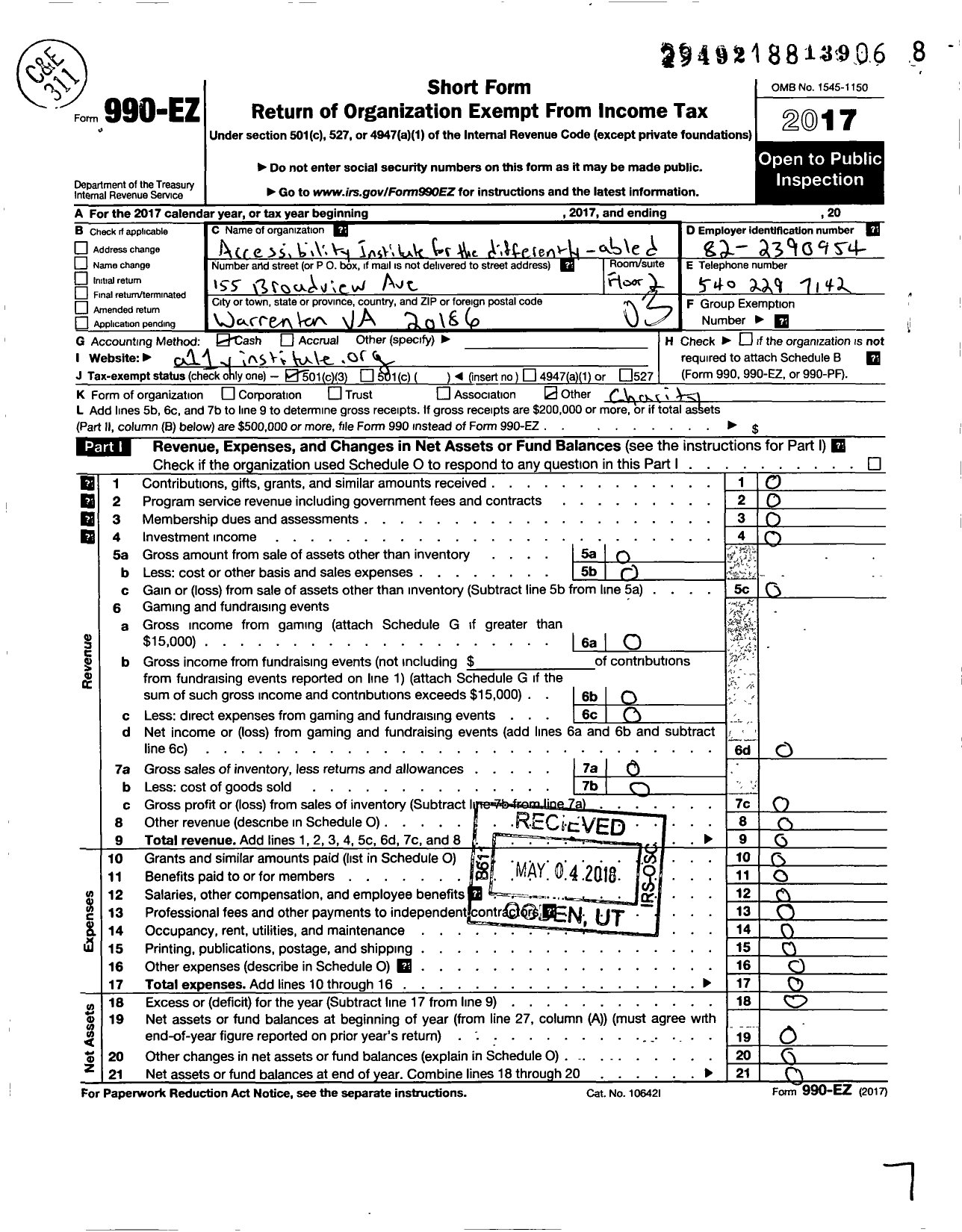 Image of first page of 2017 Form 990EZ for Accessibility Institute for the Differently Abled