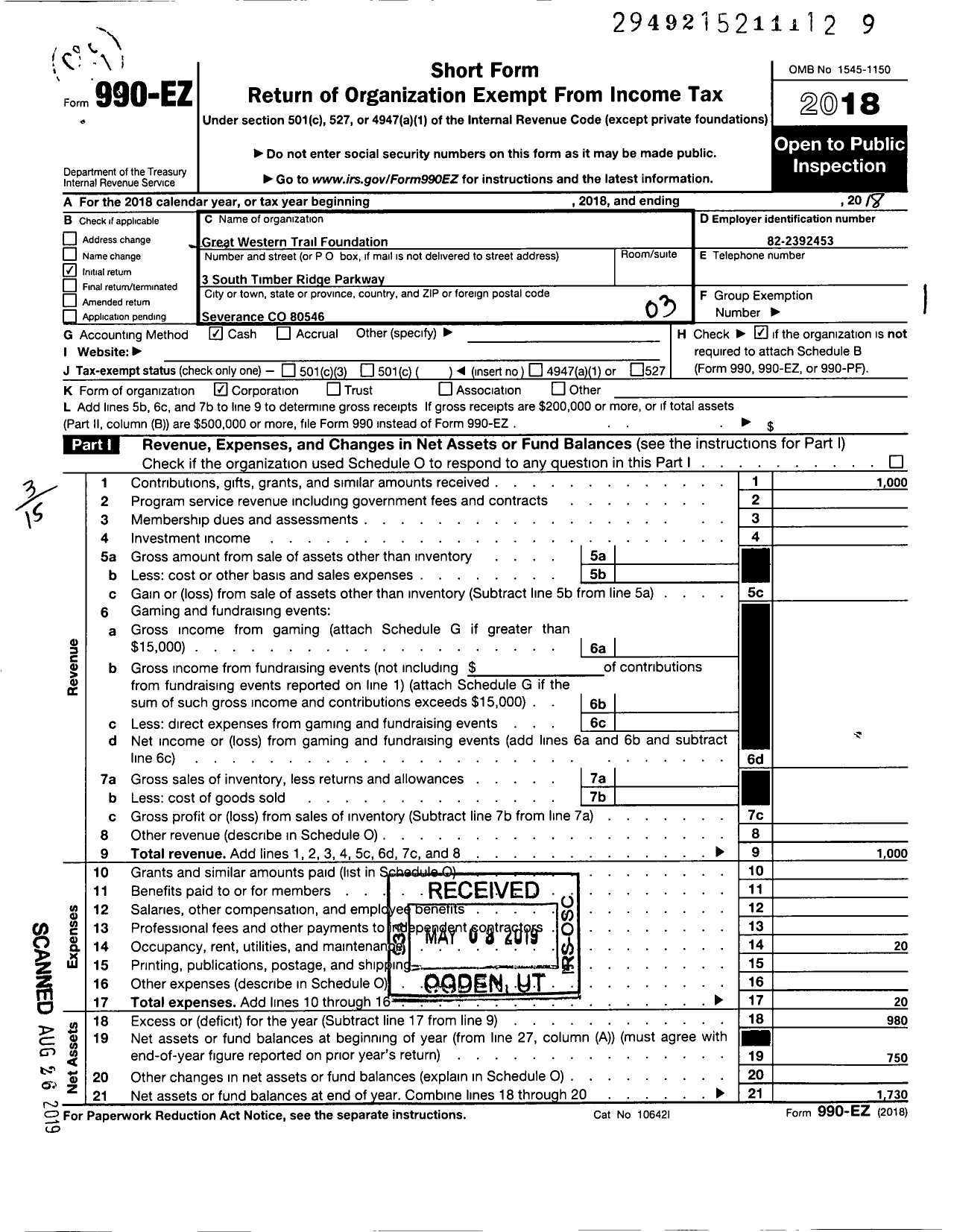 Image of first page of 2018 Form 990EZ for Great Western Trail Foundation
