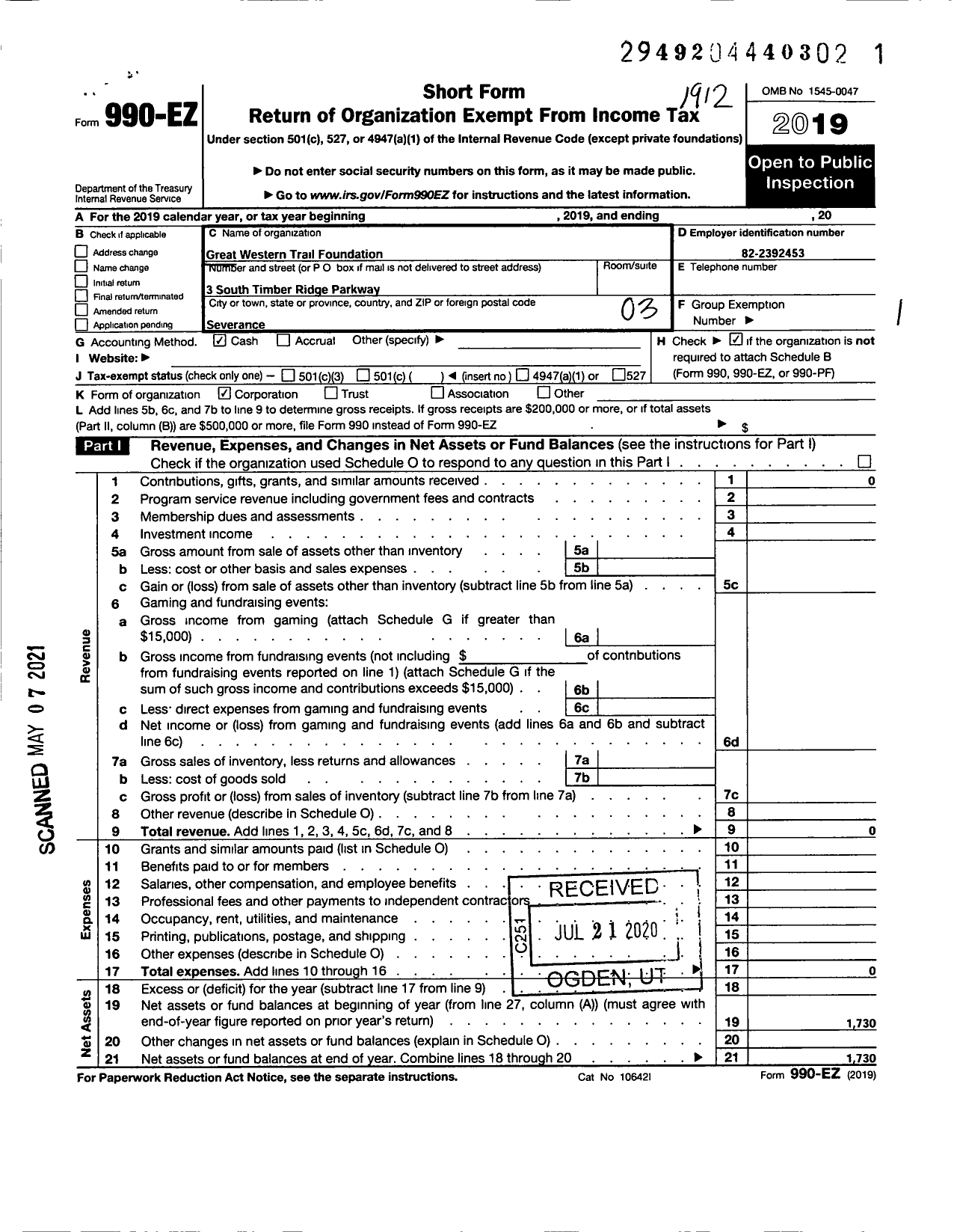 Image of first page of 2019 Form 990EZ for Great Western Trail Foundation