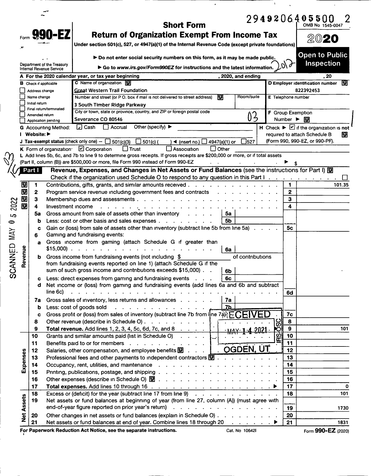 Image of first page of 2020 Form 990EZ for Great Western Trail Foundation