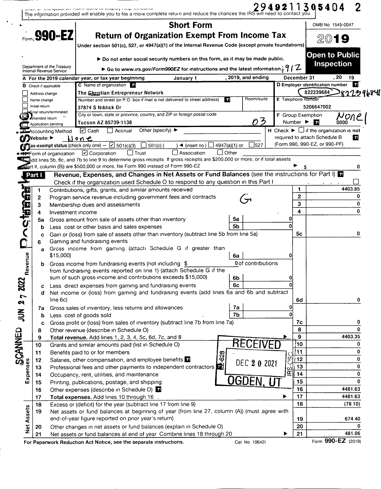 Image of first page of 2019 Form 990EZ for Christian Entrepreneur Network