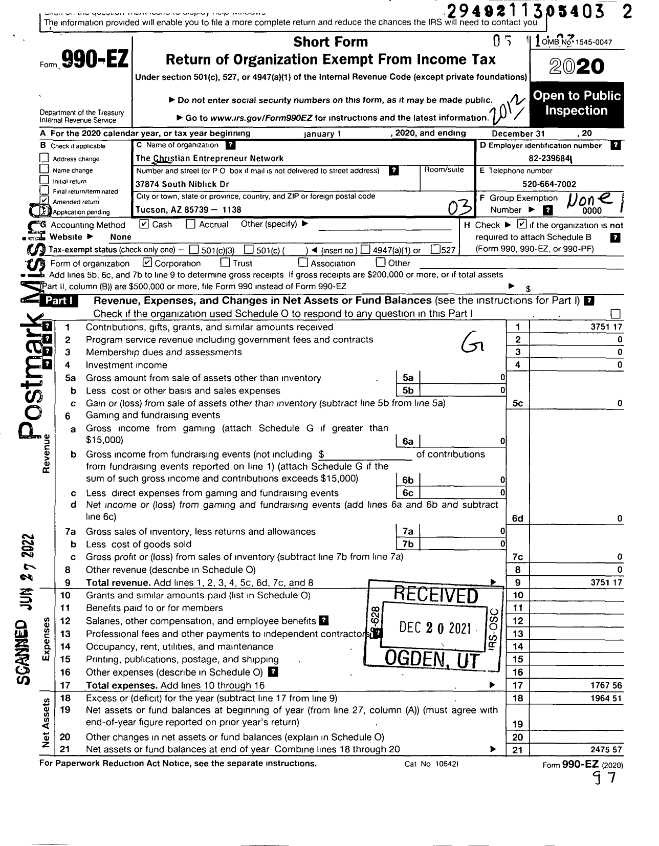 Image of first page of 2020 Form 990EZ for Christian Entrepreneur Network