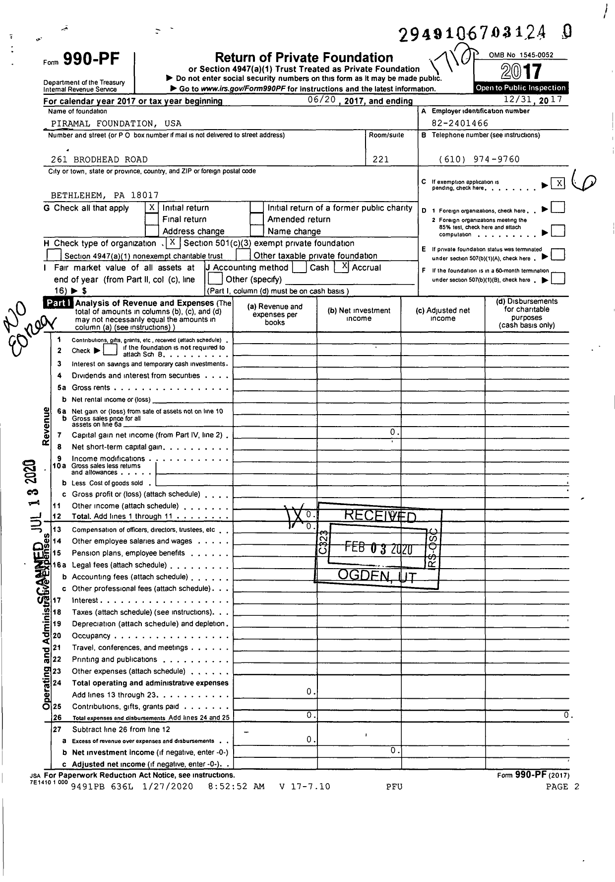 Image of first page of 2017 Form 990PR for Piramal Foundation USA