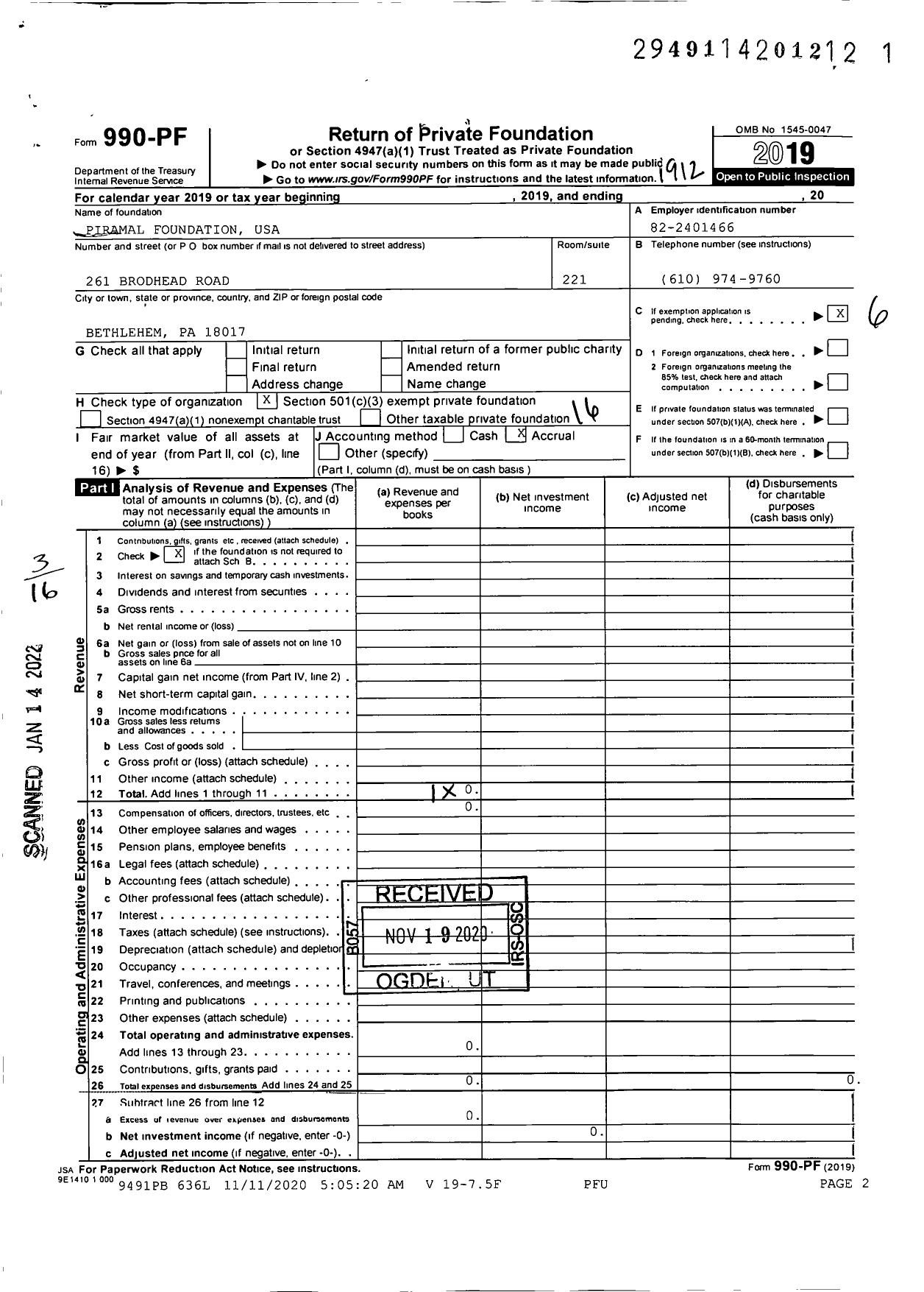 Image of first page of 2019 Form 990PF for Piramal Foundation USA