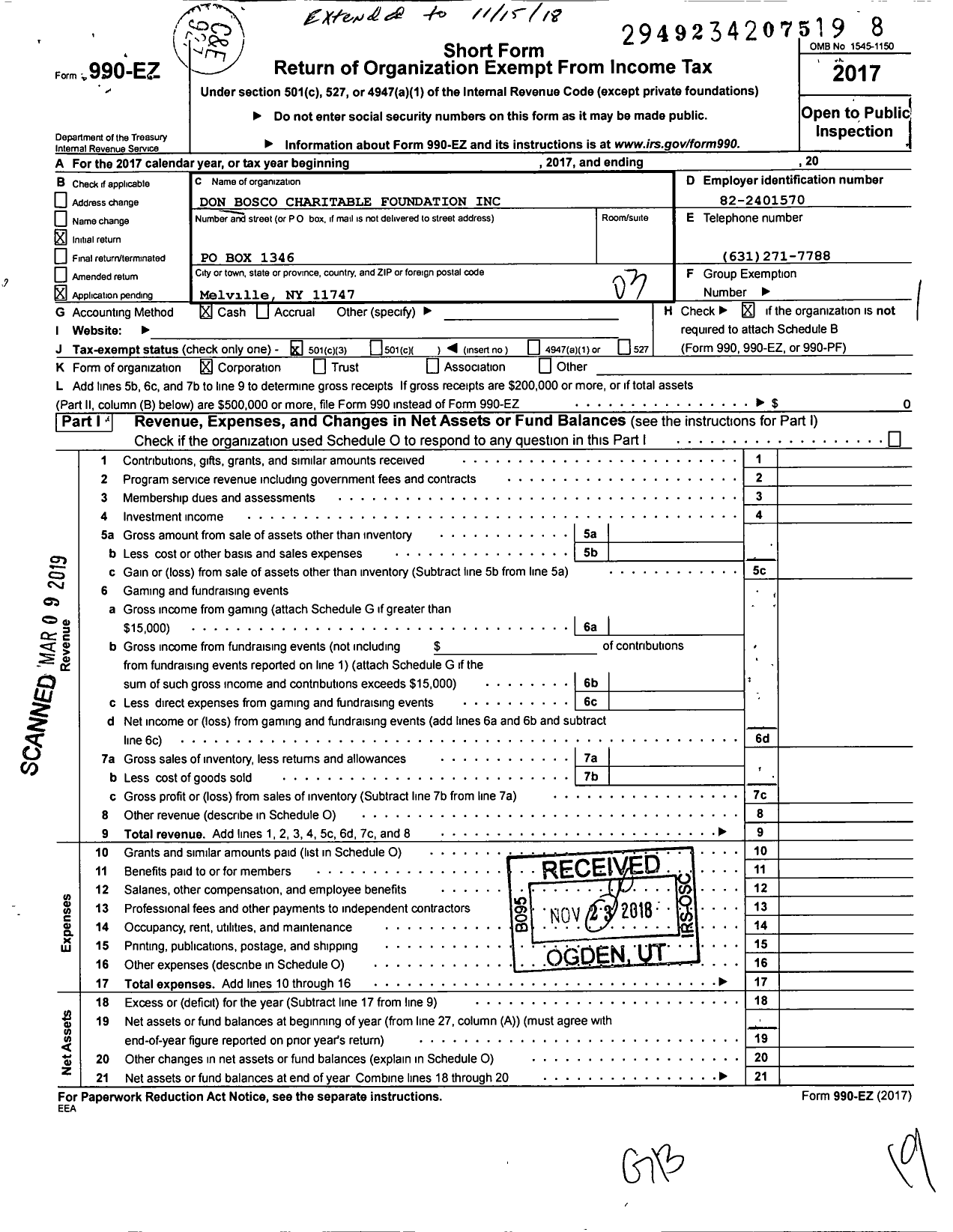 Image of first page of 2017 Form 990EZ for Don Bosco Charitable Foundation