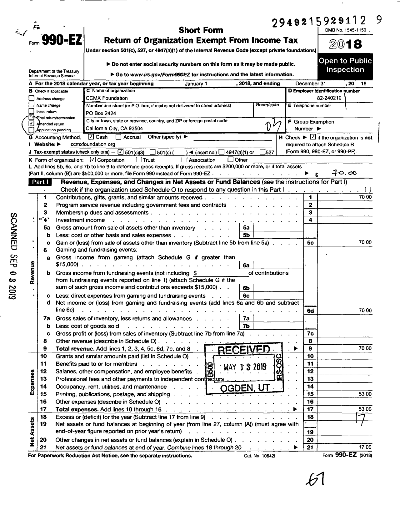 Image of first page of 2018 Form 990EZ for CCMX Foundation