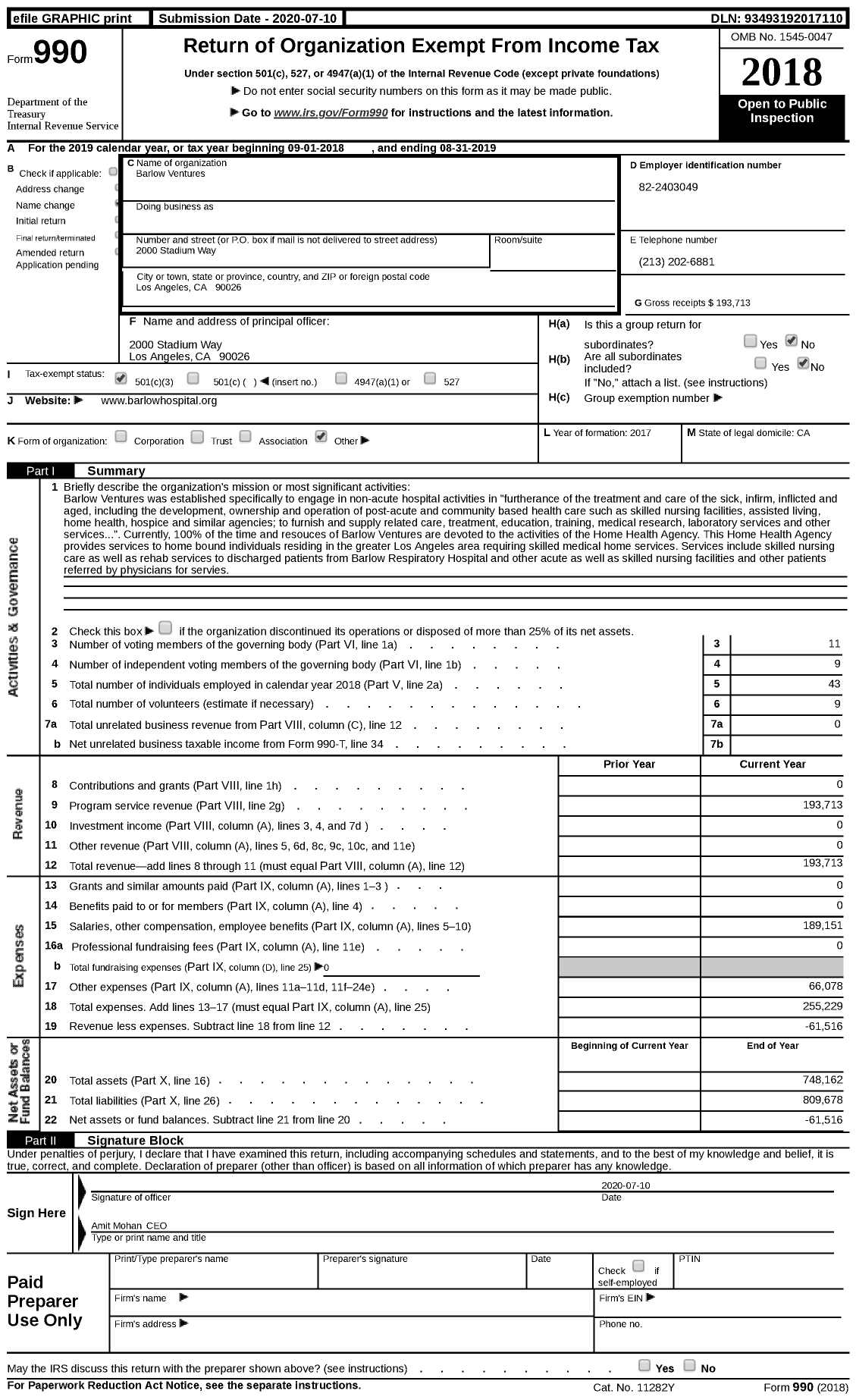 Image of first page of 2018 Form 990 for Barlow Ventures