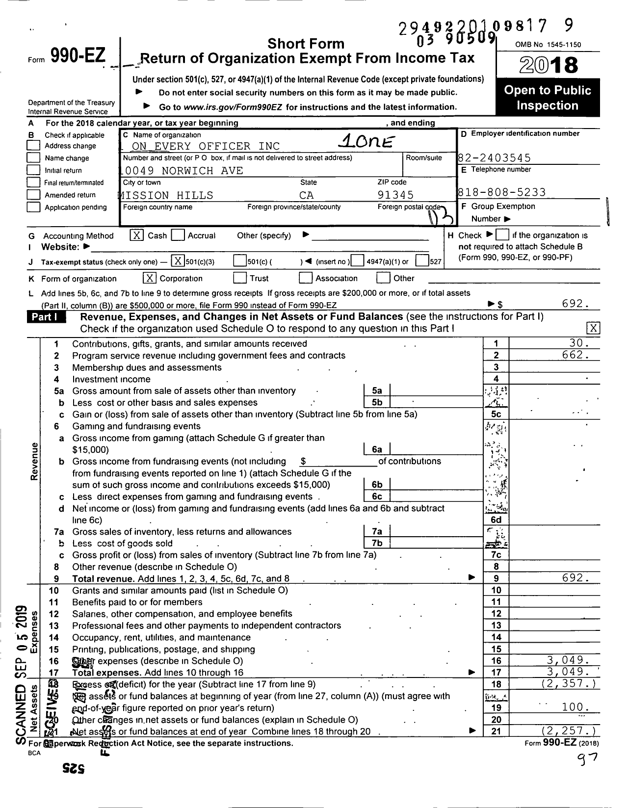 Image of first page of 2018 Form 990EZ for 1 on Every Officer