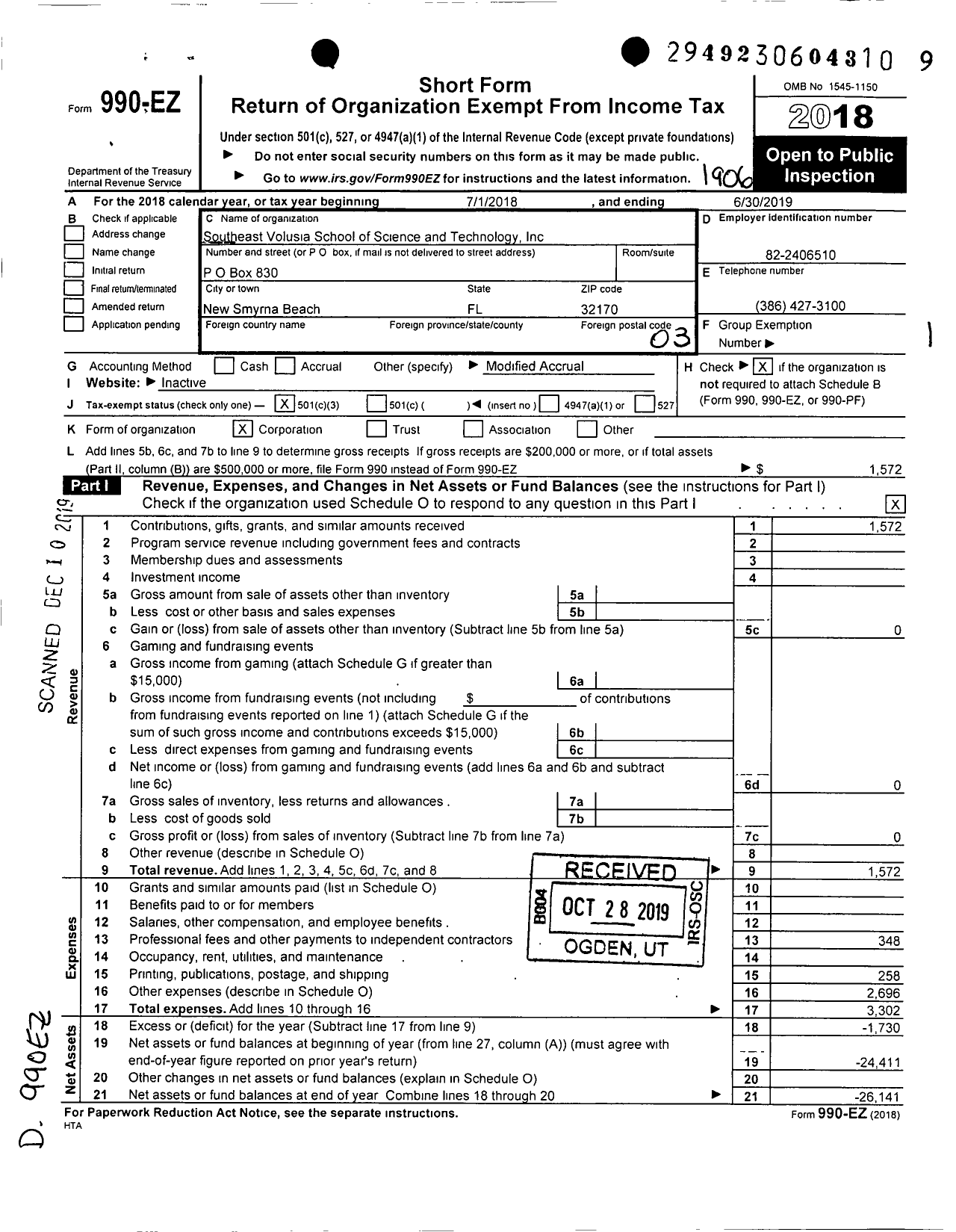 Image of first page of 2018 Form 990EZ for Southeast Volusia School of Science and Technology