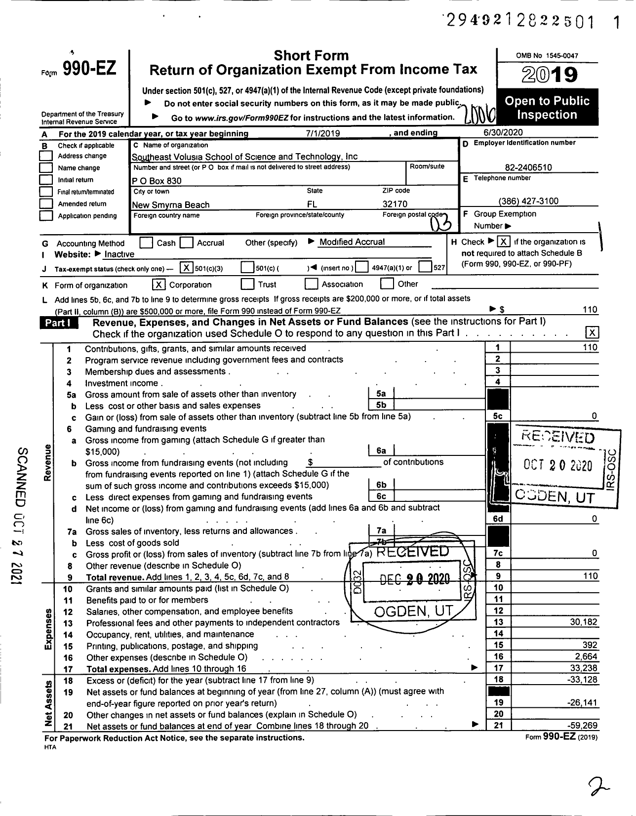 Image of first page of 2019 Form 990EZ for Southeast Volusia School of Science and Technology