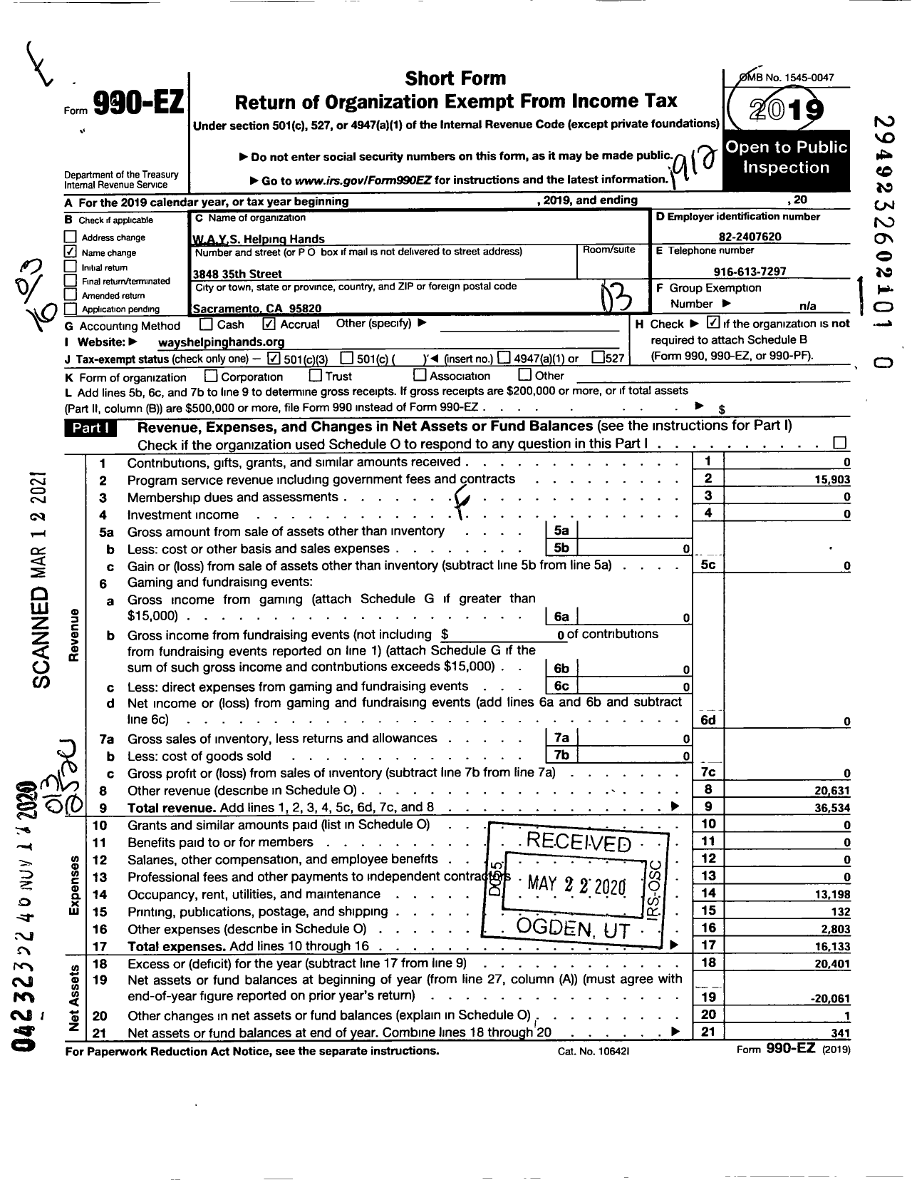 Image of first page of 2019 Form 990EZ for Ways Helping Hands