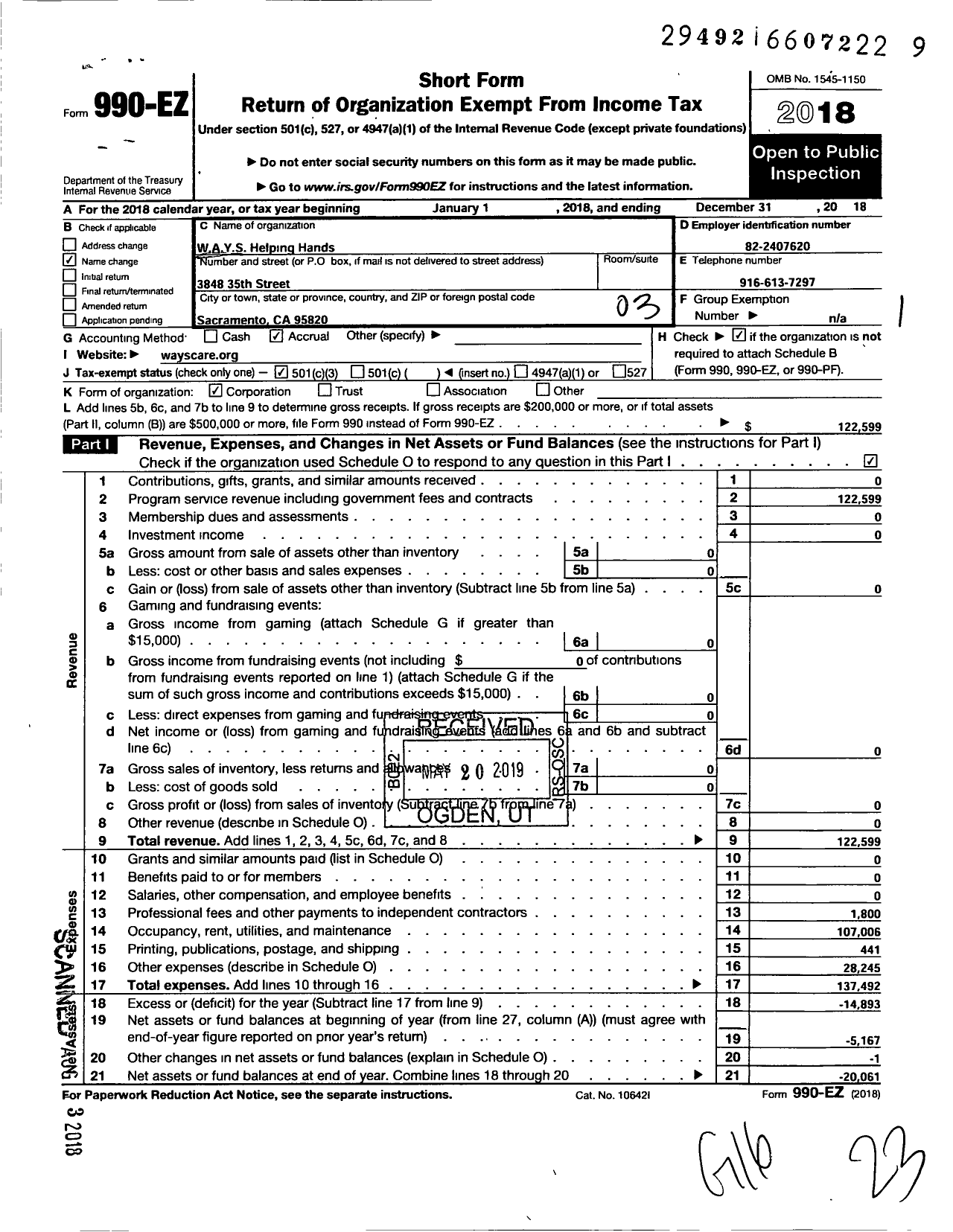 Image of first page of 2018 Form 990EZ for Ways Helping Hands