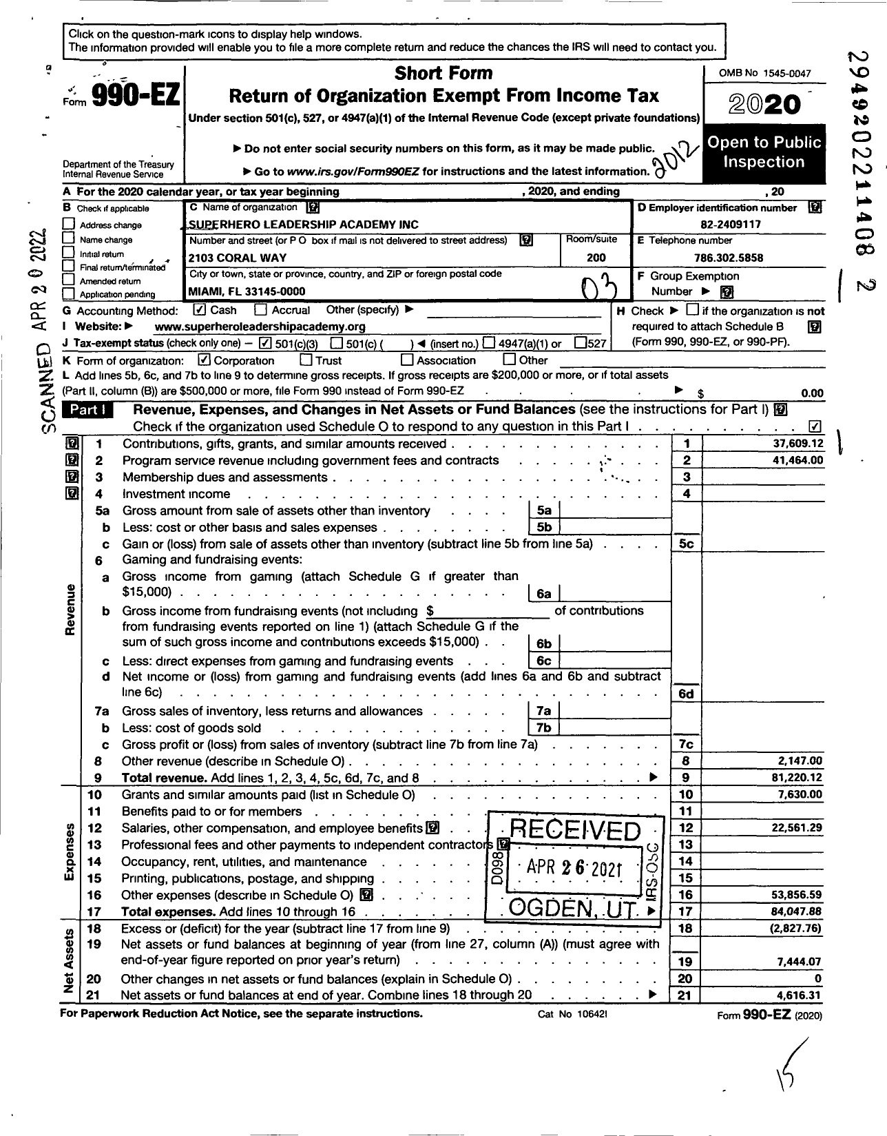 Image of first page of 2020 Form 990EZ for Superhero Leadership Academy