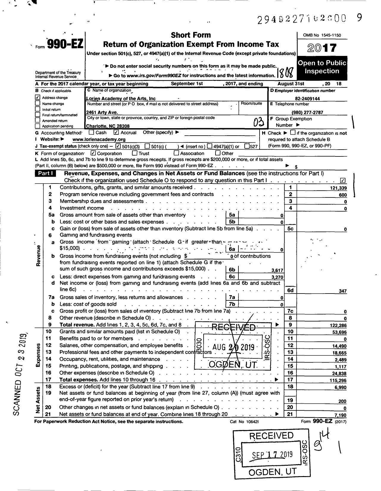 Image of first page of 2017 Form 990EZ for Lorien Academy of the Arts