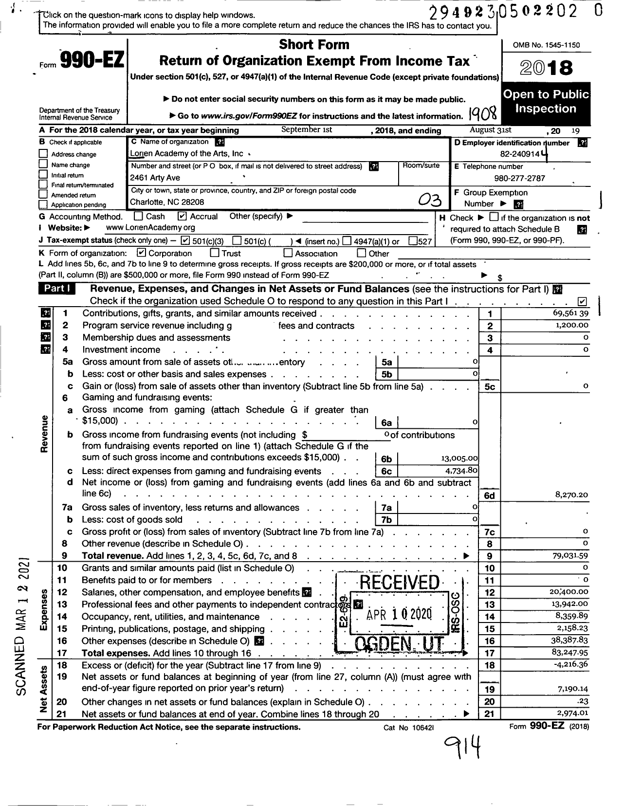 Image of first page of 2018 Form 990EZ for Lorien Academy of the Arts