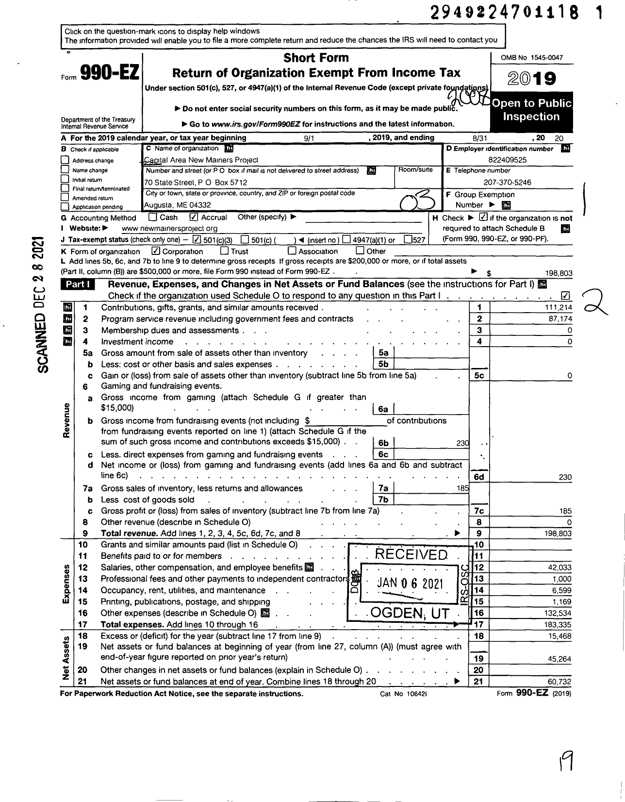 Image of first page of 2019 Form 990EZ for Capital Area New Mainers Project Chris Myers Asch