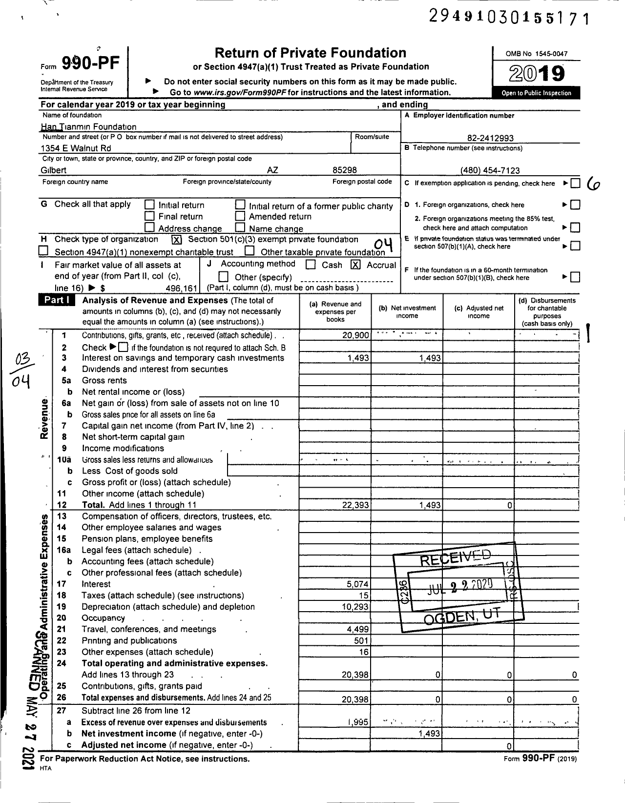 Image of first page of 2019 Form 990PF for Han Tianmin Foundation