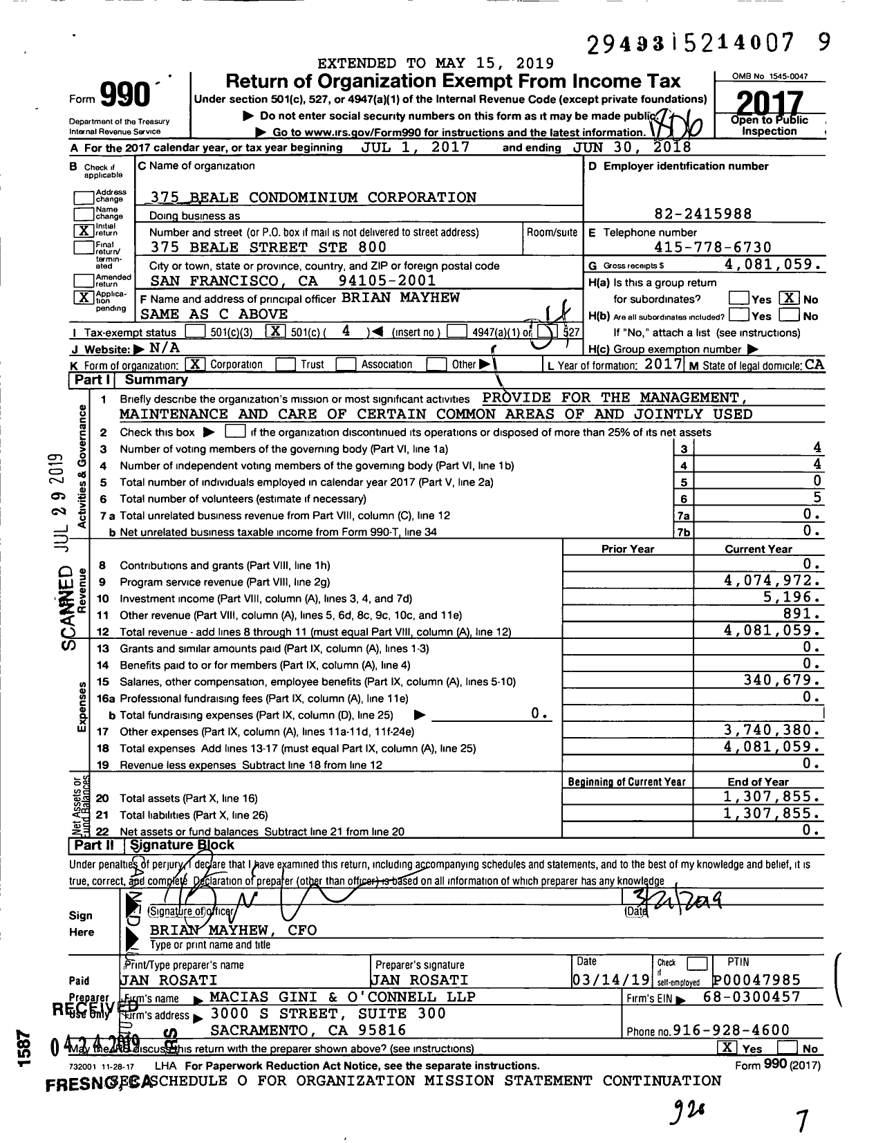 Image of first page of 2017 Form 990O for 375 Beale Condominium Corporation