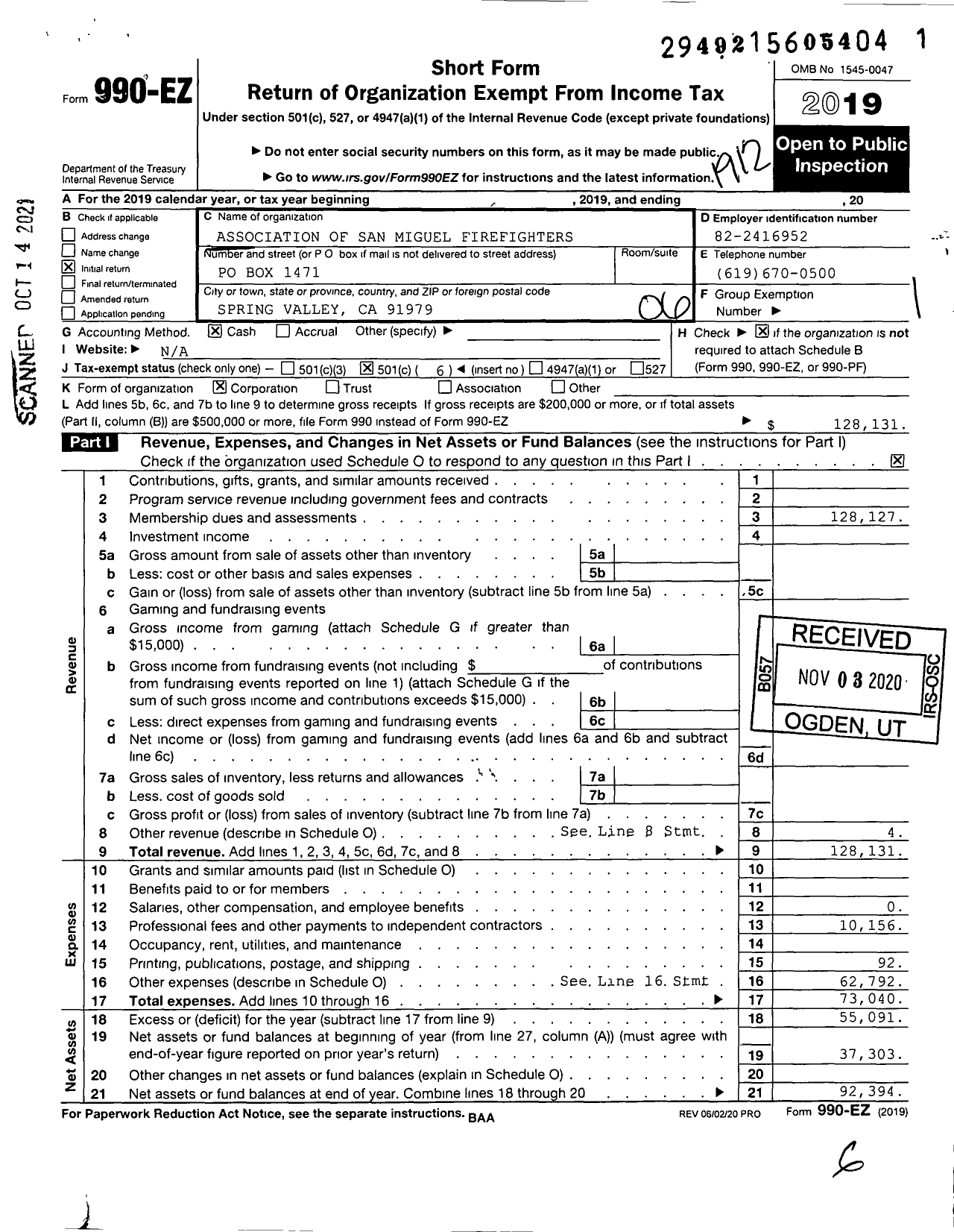 Image of first page of 2019 Form 990EO for Association of San Miguel Firefighters