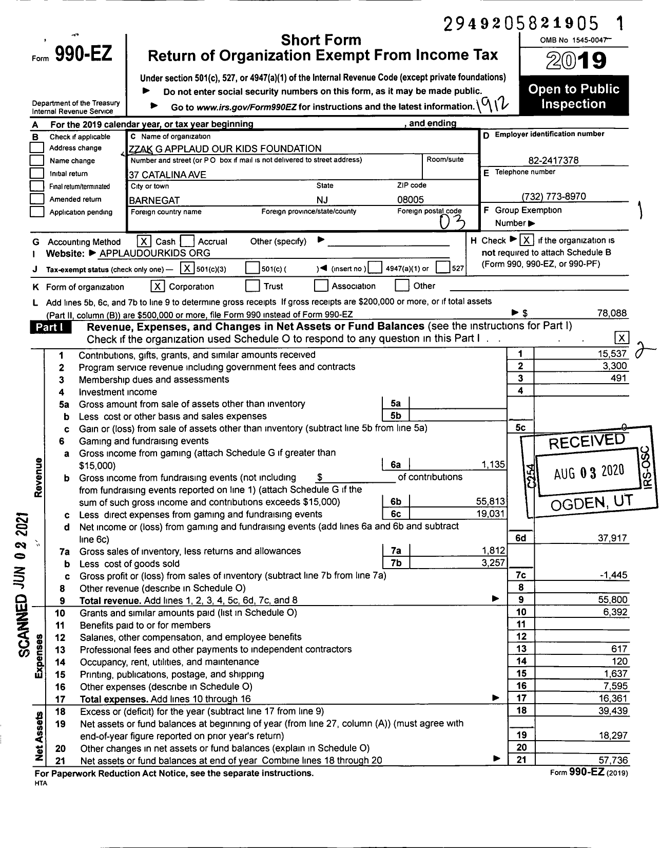 Image of first page of 2019 Form 990EZ for Zzak G Applaud Our Kids Foundation