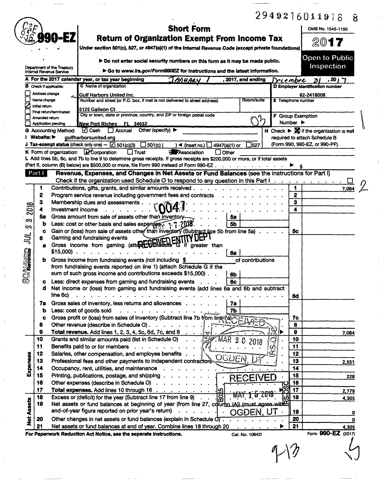 Image of first page of 2017 Form 990EZ for Gulf Harbors United