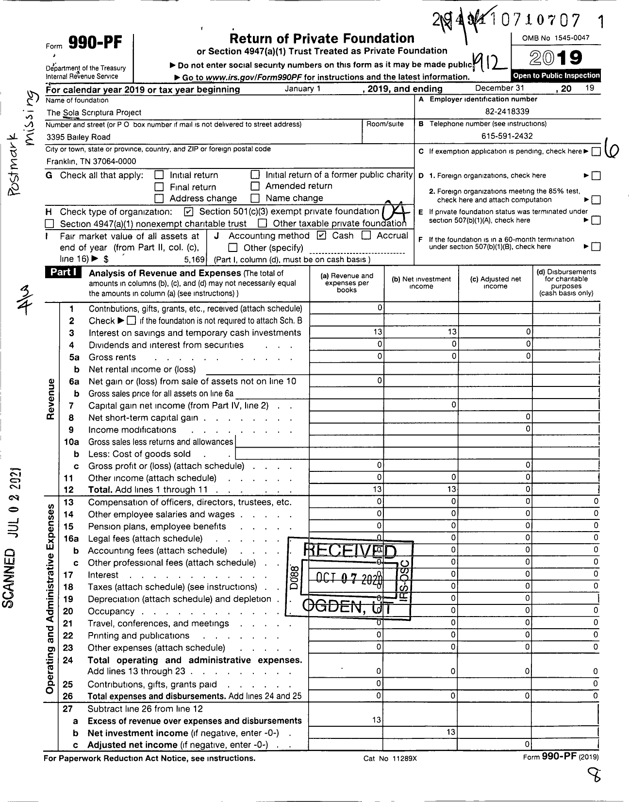 Image of first page of 2019 Form 990PF for The Sola Scriptura Project