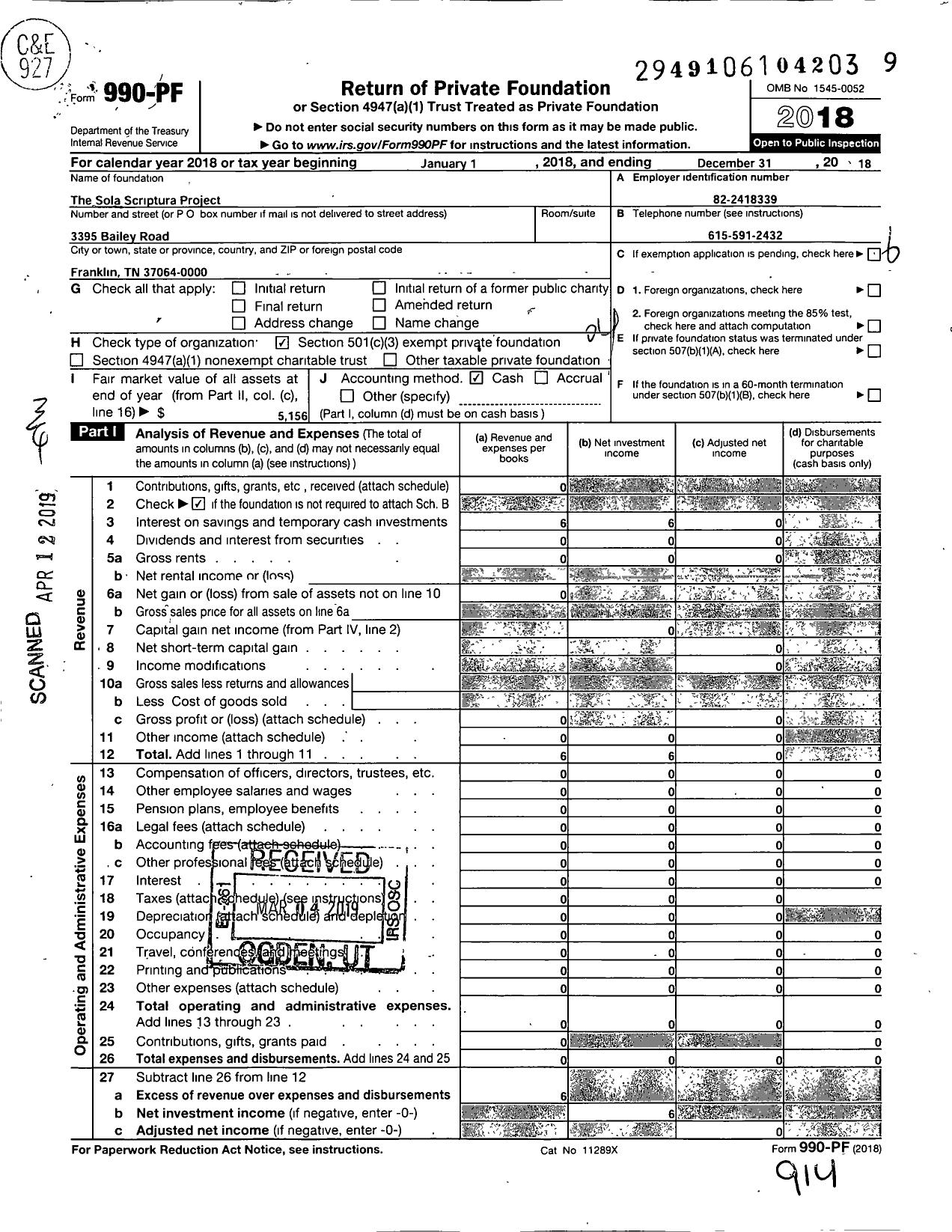 Image of first page of 2018 Form 990PF for The Sola Scriptura Project