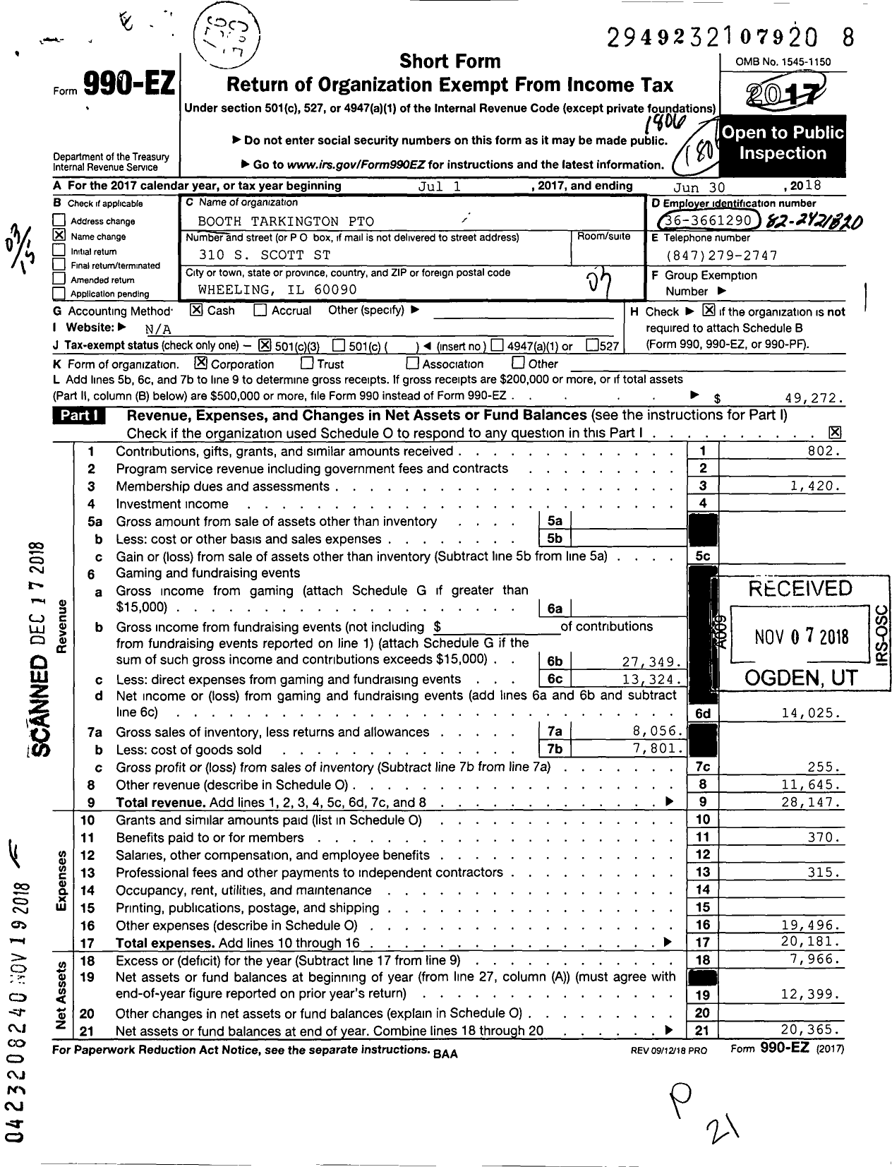 Image of first page of 2017 Form 990EZ for Booth Tarkington Pto NFP