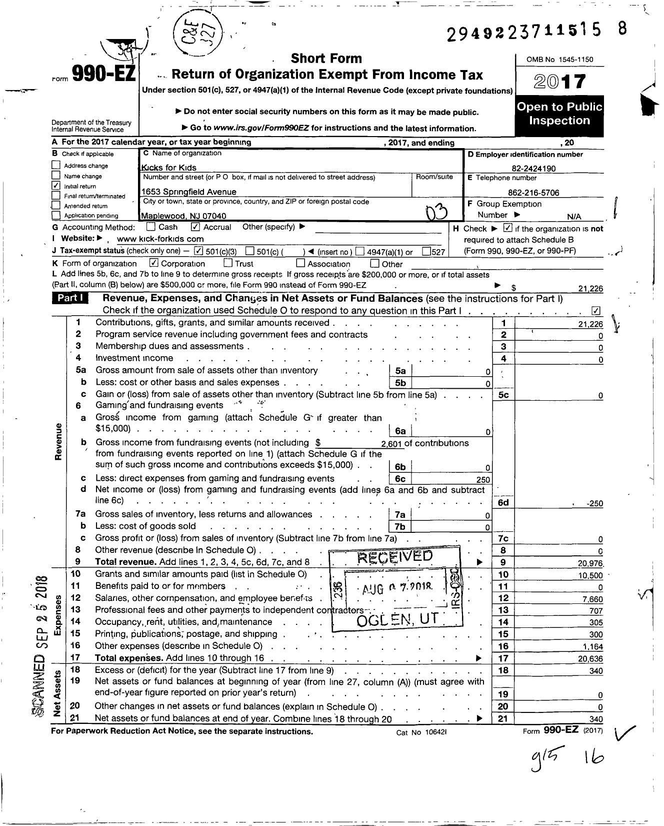 Image of first page of 2017 Form 990EZ for Kicks for Kids