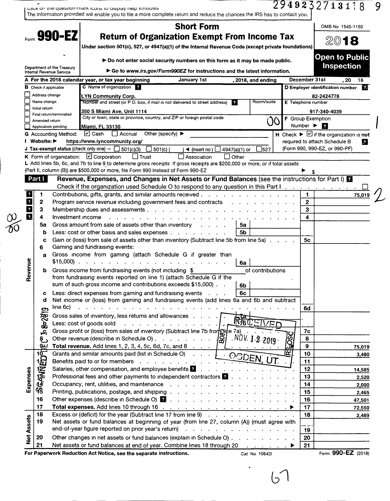 Image of first page of 2018 Form 990EO for LYN Community Corp