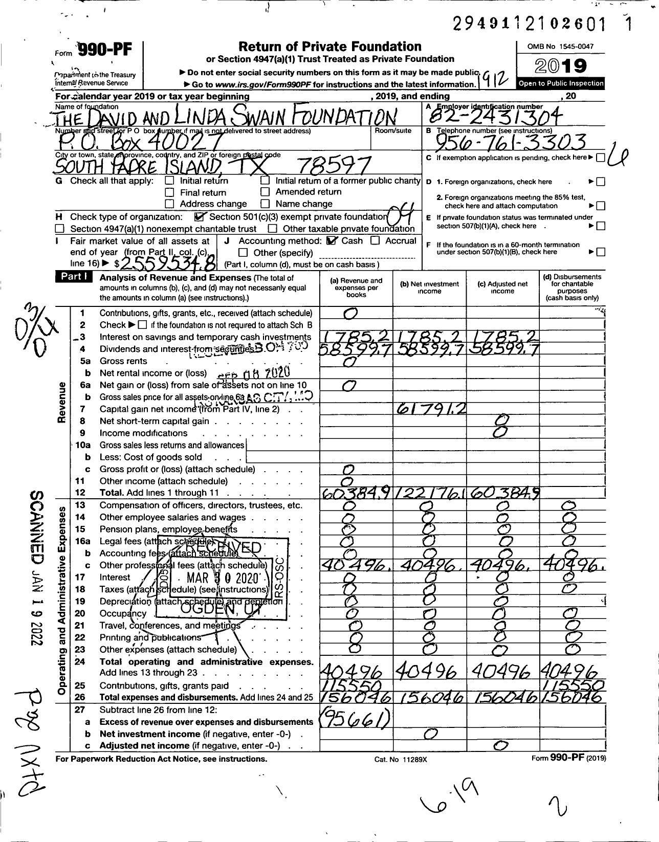 Image of first page of 2019 Form 990PF for David and Linda Swain Foundation