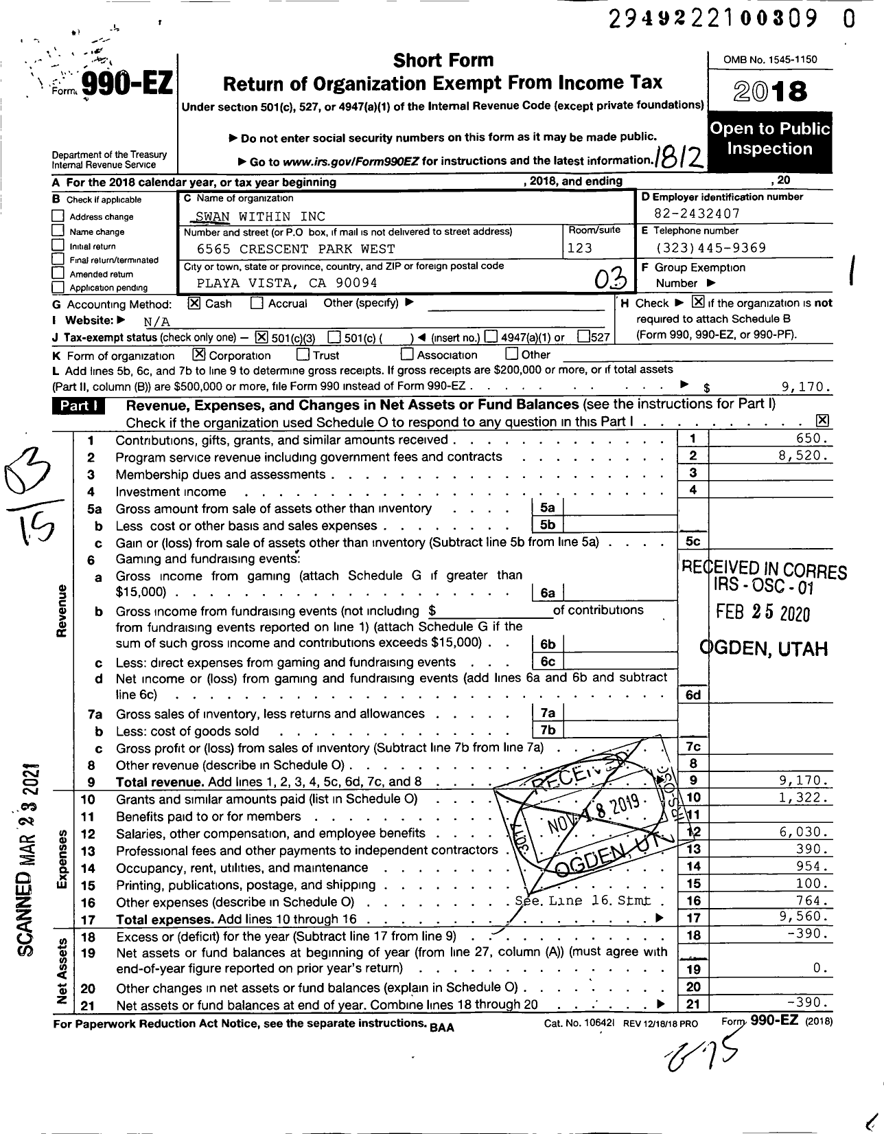 Image of first page of 2018 Form 990EZ for Swan Within